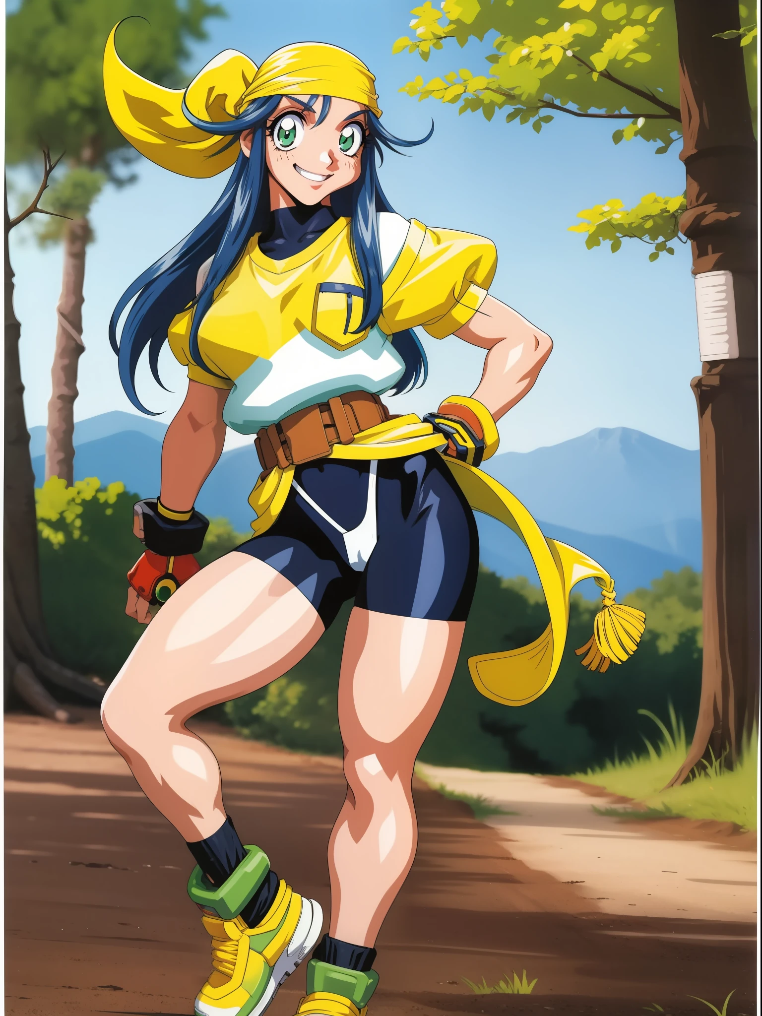 lime,spandex,green eyes,fingerless gloves,1990s (style),blue hair,retro artstyle,long hair,yellow bandana,bike shorts, full body, forest,smile, medium breast, full body