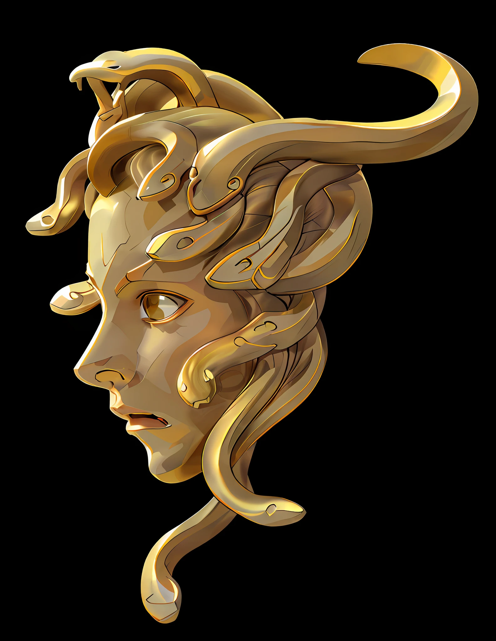 greek myth，Medusa，sideface，Award-Awarded，Golden statue，best qualtiy，tmasterpiece，Good highlights，Good shadows，dark themes，