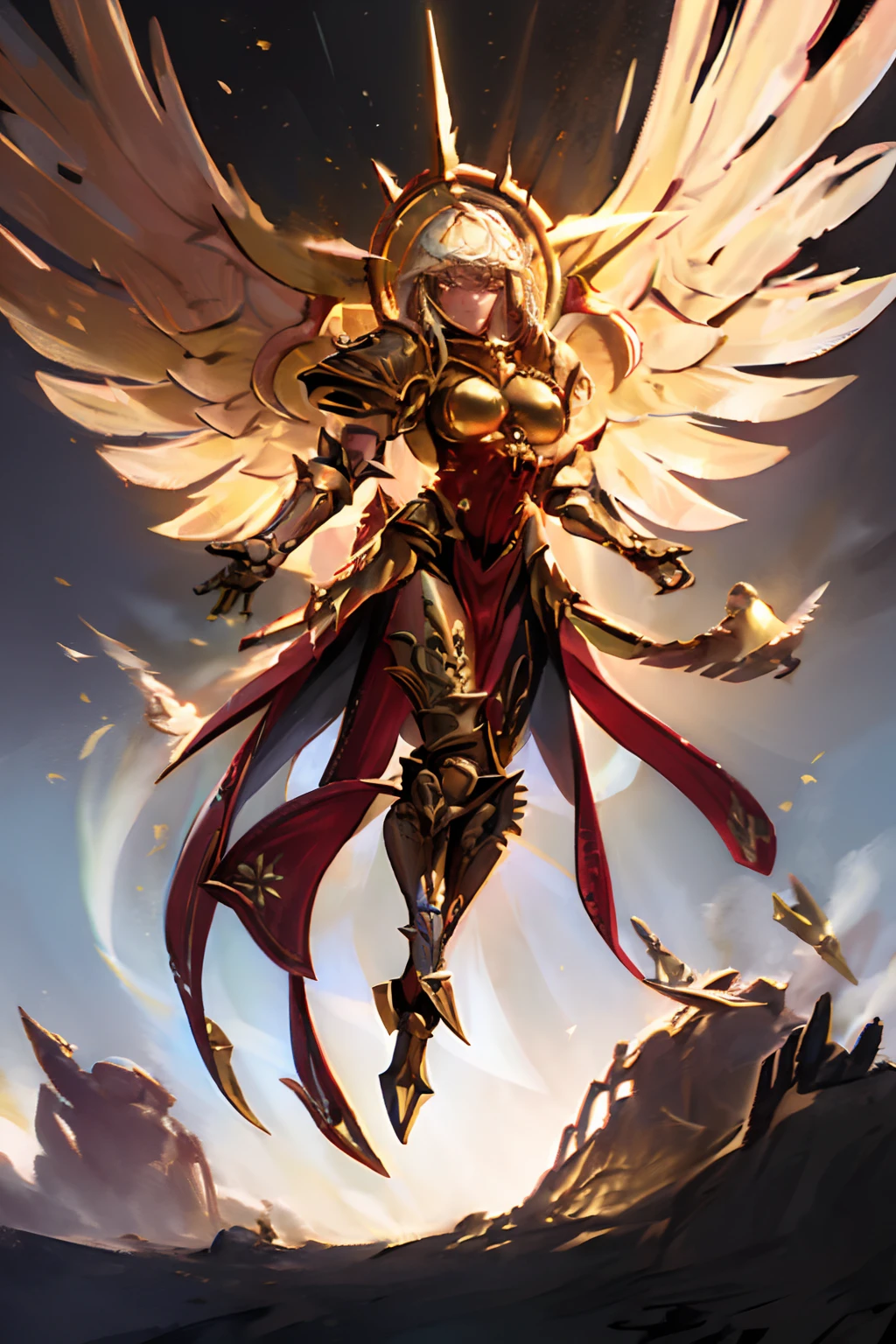 1girl, detailed armor, (detailed face), golden armor, weapon details, iron halo, angel, intricate ornamented, full armor, fur trimmings, holding sword, mechanical wings, blonde hair, long hair, pretty face, skin pores, rugged, metallic sheen armor, serene looking, dynamic posture, flying above ruined buildings, ruined cathedral, war, urban landscape background, particles floating, clear sky, bright cinematic lighting, soft shadows,