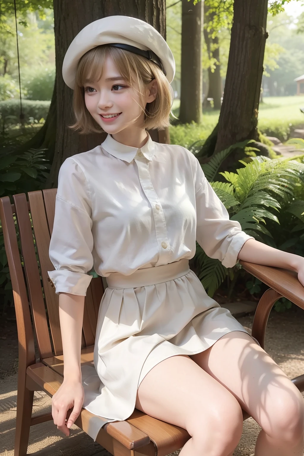Araffe woman sitting on a bench in a park wearing a hat - SeaArt AI