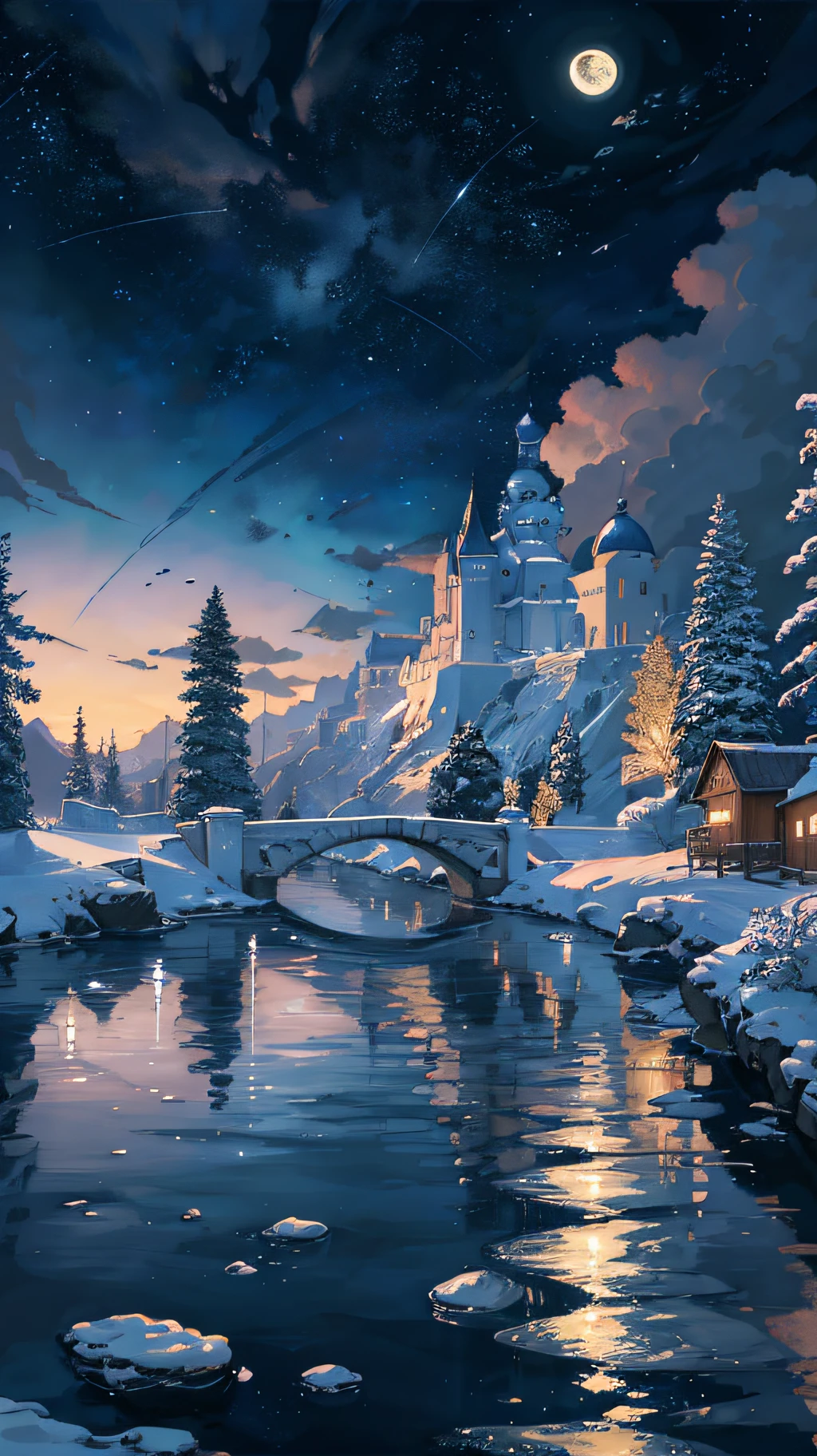 A painting of a river with stars and moon in the sky, concept art inspired by Tosa Mitsuoki, pixiv contest winner, best quality, fantasy art, beautiful anime scene, a bright moon, moonlit starry environment, dream painting, Anime Background Art, Fantasy Landscape Art, Fantasy Night, Anime Background, Background Artwork, Fantastic Art, Atmospheric Anime, Starry Sky, Detail Enhanced.