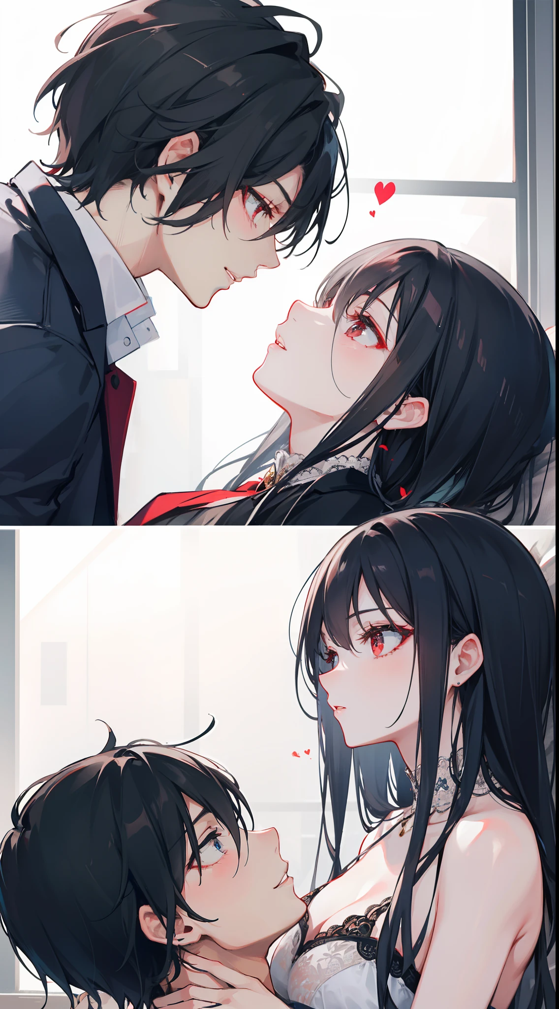 4k, dark scene, ruined environment, depict a passionate love story between two individuals, both with luscious black hair, the man with striking blue eyes, and the woman with captivating red eyes.
