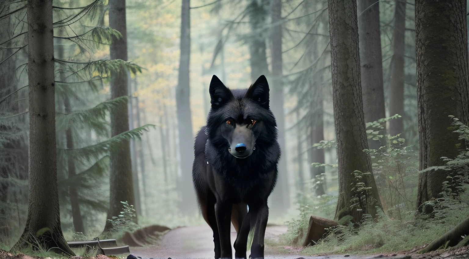 A black wolf facing a forest looking menacing, ultrarrealista |, photographic, Very high resolution photo