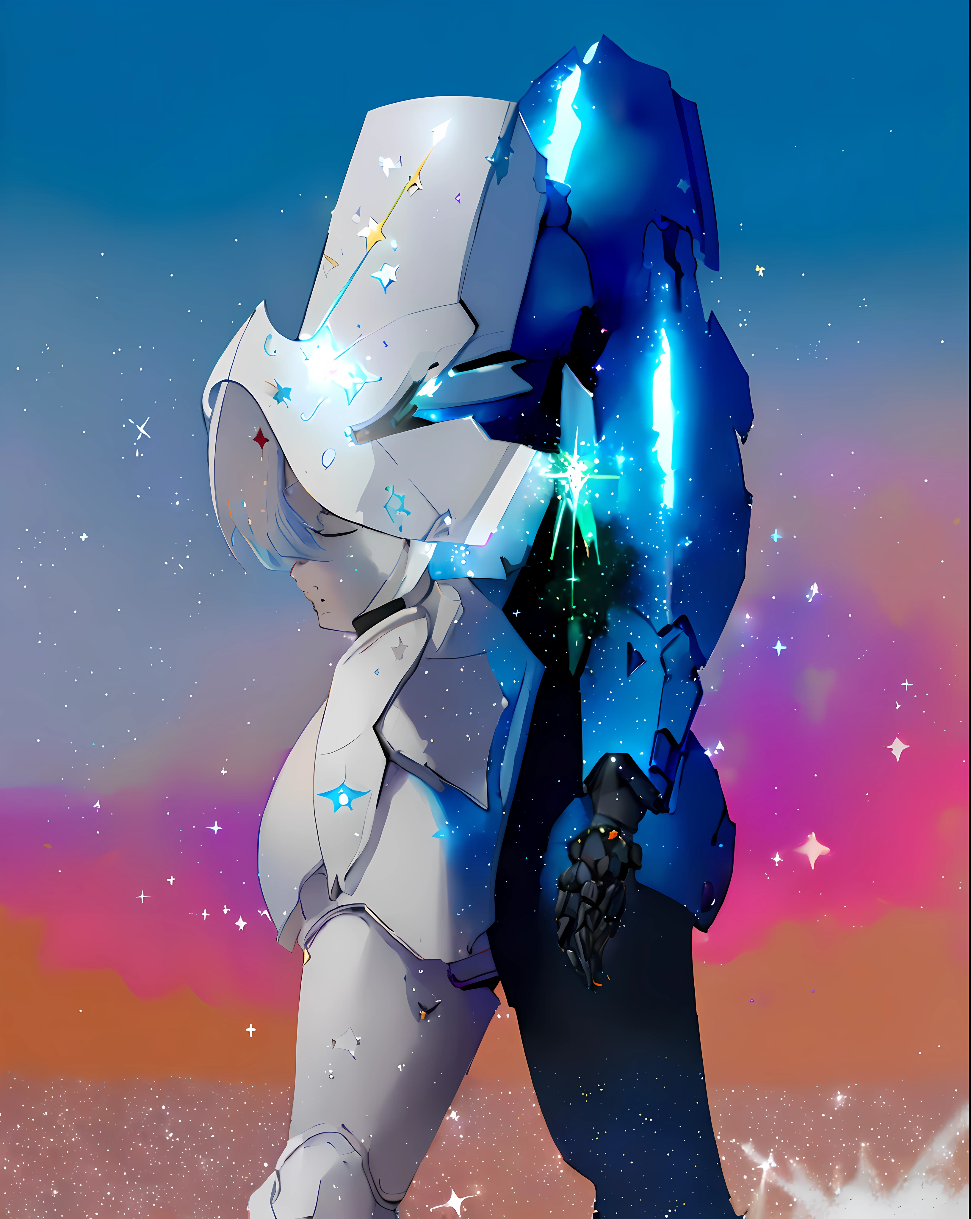 Superhero mecha (faceless:1.5) anime goddess wearing star armor, star boss, (sparkles, stars:1.3), blue, white background, red,(black and white:1.5), artwork, (masterpiece:1.3) , starry background, cloudy and misty gradient background