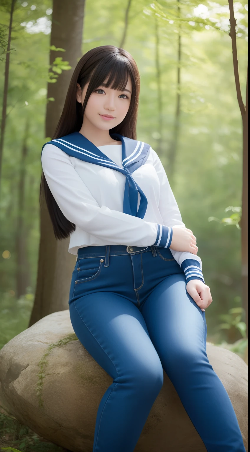 a pregirl,Thirty year old, ssmile, looking at viewert, sailor uniformm,skintight jeans, photore, realisticlying, Best quality at best, employee, 详细的脸, Sit on a large rock in the middle of the forest, diffuselighting, depth of fields, Background bokeh