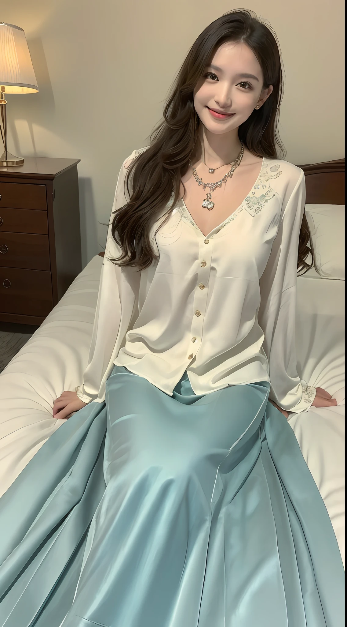 ((top-quality、8K、masterpiece:1.3))、((1womanl))、((独奏))、((japanese mature))、((slim figure))、((Luxurious and detailed hotel rooms))、((Luxurious and detailed beds))、((Lying in bed))、((beautifully detailed hair))、((Beautiful and ultra-detailed face))、((kindly smile))、((Detailed blouse))、((Detailed necklace))、((Detailed long skirt))、((Flip up the hem of your long skirt to show your thighs))、((Beautiful and detailed thighs))、((Beautiful and detailed legs))