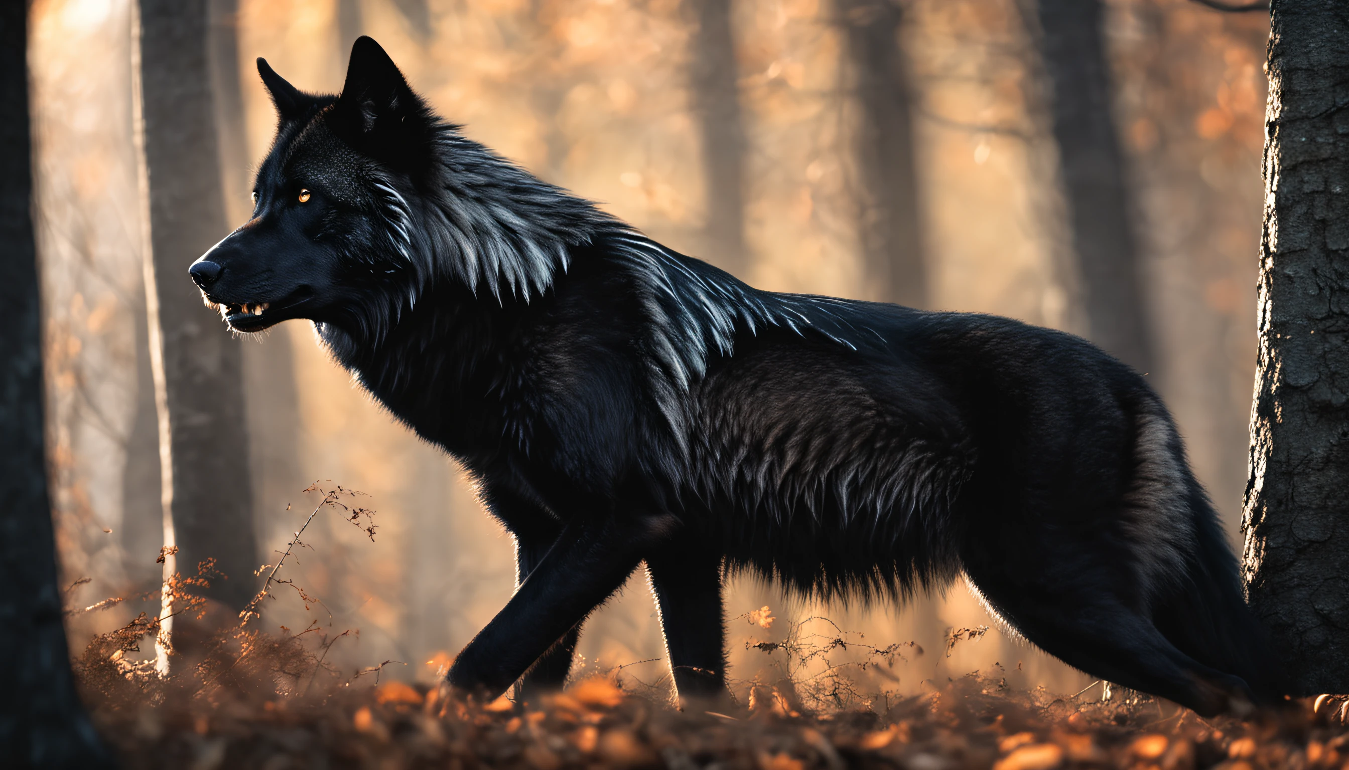 A black wolf facing a forest looking menacingly, ultrarrealista, photographic, Very high resolution photo