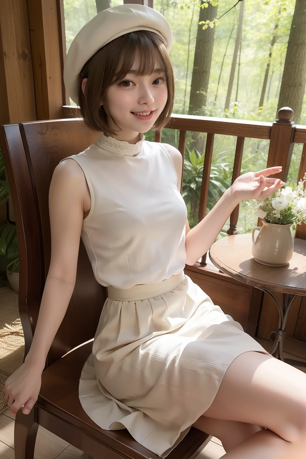 Photo Real、photoRealstic、top-quality Beige hair、short-haired、Lots of bangs、Hair bouncing outward、bouncing hair、Messy bouncing hair、beret The contours of the face are round、small mouth、a small face、drooing eyes、big eye、a 、Beautiful skin White fashionable clothes、Beige long skirt、long skirt 15yo studdy、skinny body、Beautiful skins Laughing、Laughing expression、Facial expressions to enjoy、Sit elegantly in a chair Background with、in woods、Sunlight shines in、Shade、beautiful forest、Wooden chair、vases