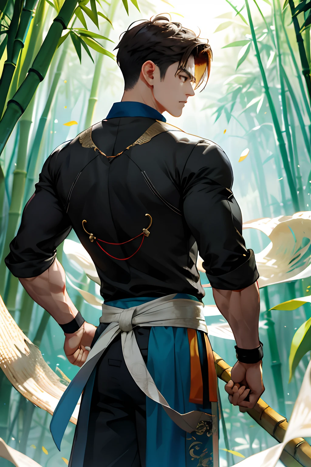 (hoang lap,A high resolution,ultra - detailed),1 male,,18yr old,Handsome,tall muscular guy,a broad shouldered,Very short hair,Undercut,Dark brown eyes,Fine eyes and detailed face,the Extremely Detailed CG Unity 8K Wallpapers,Complicated details,(style-swirlmagic:0.7),looking at viewert,独奏,(full bodyesbian:0.6),detailed back ground,bamboo forrest,详细的脸,freshen,hair flowing in the wind, Red cape,Martial artist,dynamicposes,Fighting posture,and clench your fist,Fingerless gloves,Wristbands,Red cape,Bamboo forest in the background,Rotating floating particles,dynamic compositions,Mysterious oriental medieval atmosphere,