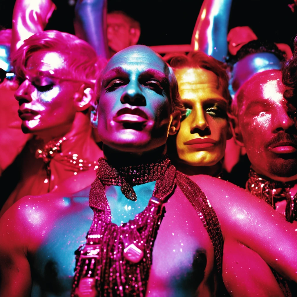 andy warhol photo, studio 54, gogo boys, lights, 80s nightclub, surrealism, drag queen, retro futurism