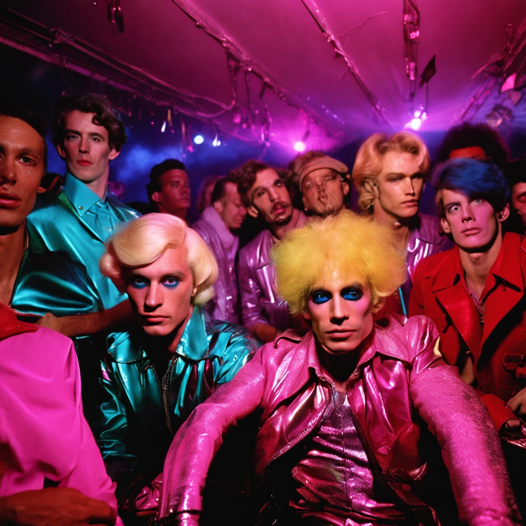 andy warhol photo, studio 54, gogo boys, lights, 80s nightclub, surrealism, drag queen, retro futurism