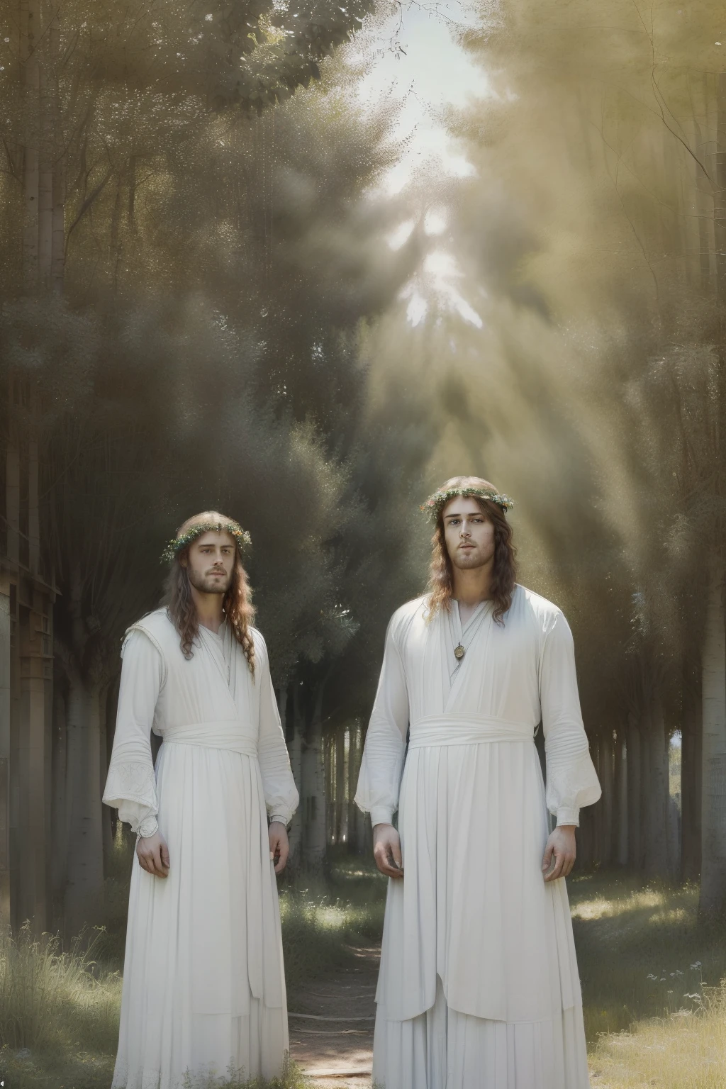(((Pre-Raphaelite painting of two men in white, Druids in the Alameda de Álamo-Tremedor, birch, Cogumelos, Poplar-tremedor, twin brothers, paisagem celta, outono, folhas amarelas)))