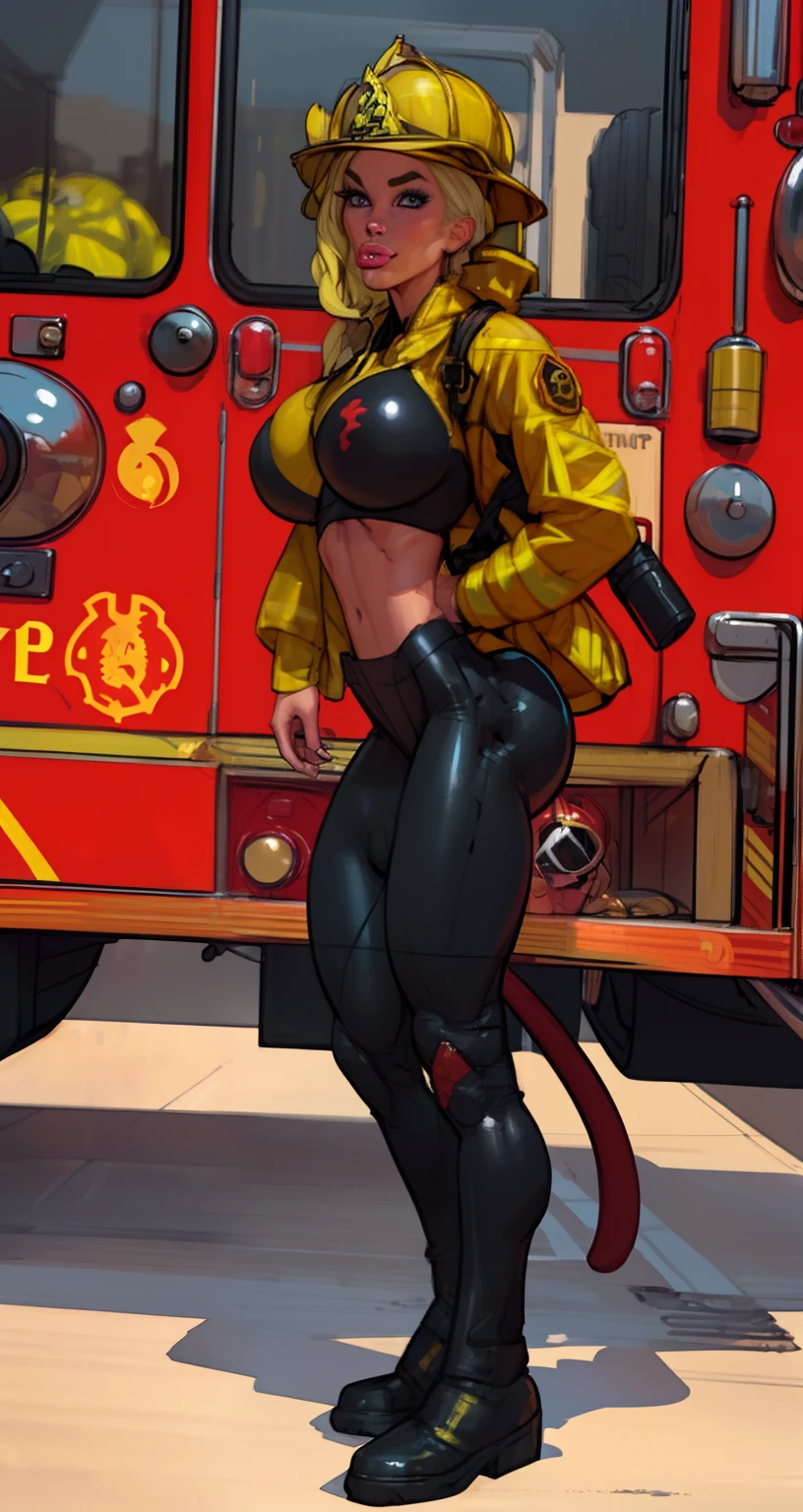 sexy ((firefighter:1.6))((firefighter helmet:1.5)) wearing (tight pants:1.4)(perfect face), detailed face, (symmetrical eyes), perfect nose, (wears firefighter jacket:1.2), wearing (small black bra on :1.4) that barely covers the , (gigantic breasts:1.4) (blonde hair combed to side:1.6)analog style posing against a firetruck tavern, (backlit)1.2, (film grain)1.2, cinematic movie still frame, low-rise firefighter pants (large lips, bimbo style, thepit, perfect eyebrows)