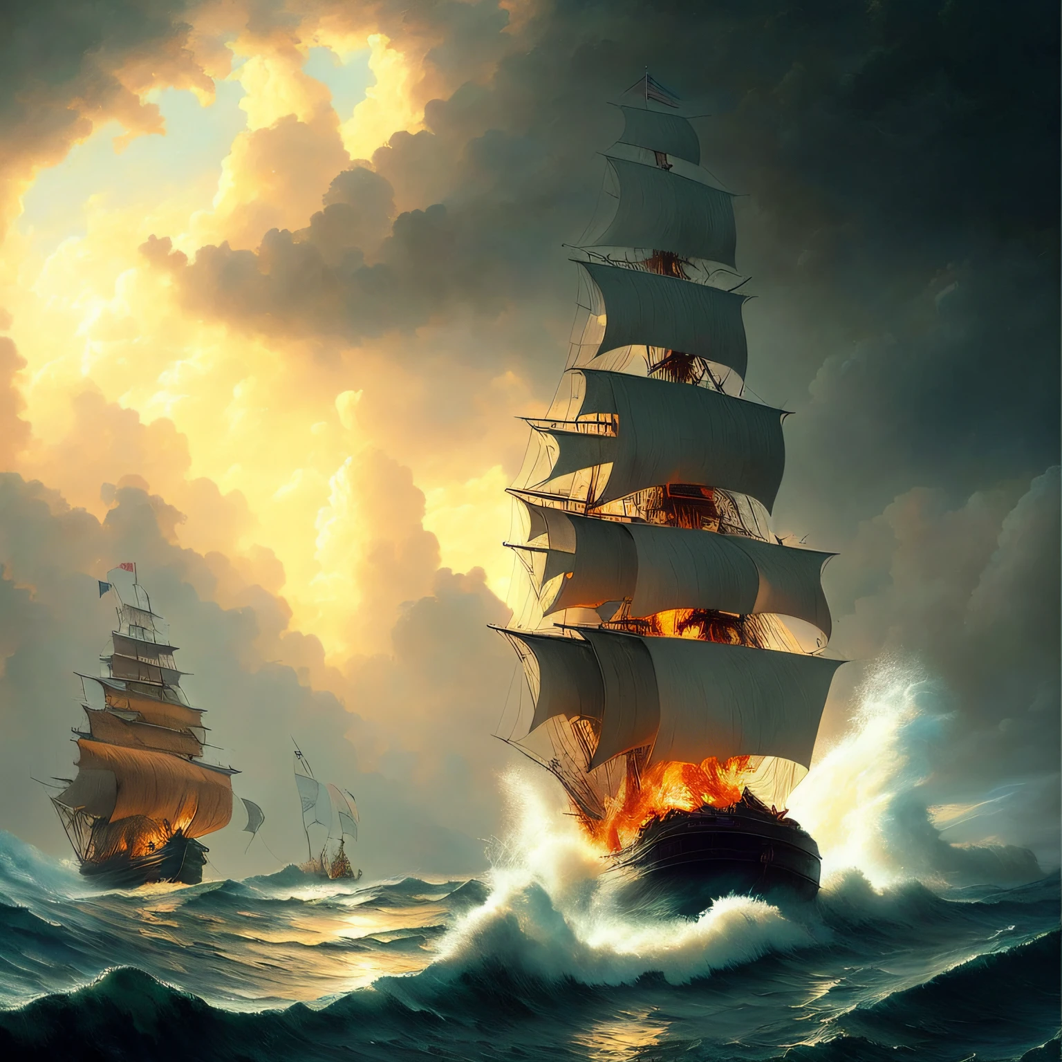 Pirate ship in the storm, Huge waves flooded the way, Detailed oil painting, The flame burns, unreal 5 render, RHADS, Sargent and Ryan Decker, Savlasov Levitan Polenov, by bruce pennington, by Ghibli Studio, tim hildebrandt, Digital art, Landscape painting, rendering by octane, Beautiful composition, trending on artstationh, an award winning photograph, Masterpiece, Seeking style, (DreamlikeArt:1.2). MDJRNY-V4 style