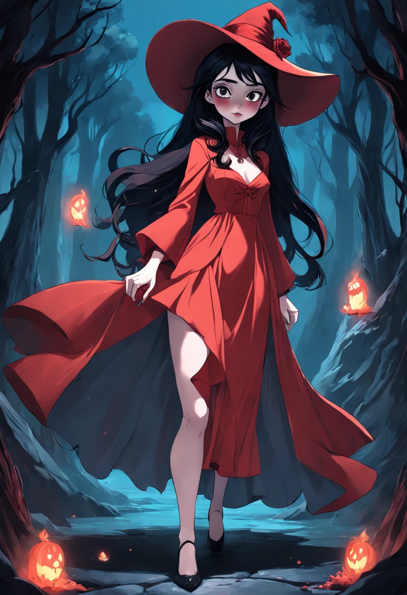 There is a woman in a red dress and a red hat, Abigail Larson, Disney-style art, Grayscale Futoto and Red Coat, Disney Art Style, Persephone as goddess of death, Disney Female Villains, Disney Art Style, beautiful drawing style, Lois Rosdraw, Red dress and witch magic hat, Red dress and hat, Inspired by Tim Burton-style Mab Graves. In style Corpse Bride. In Addams Family Style