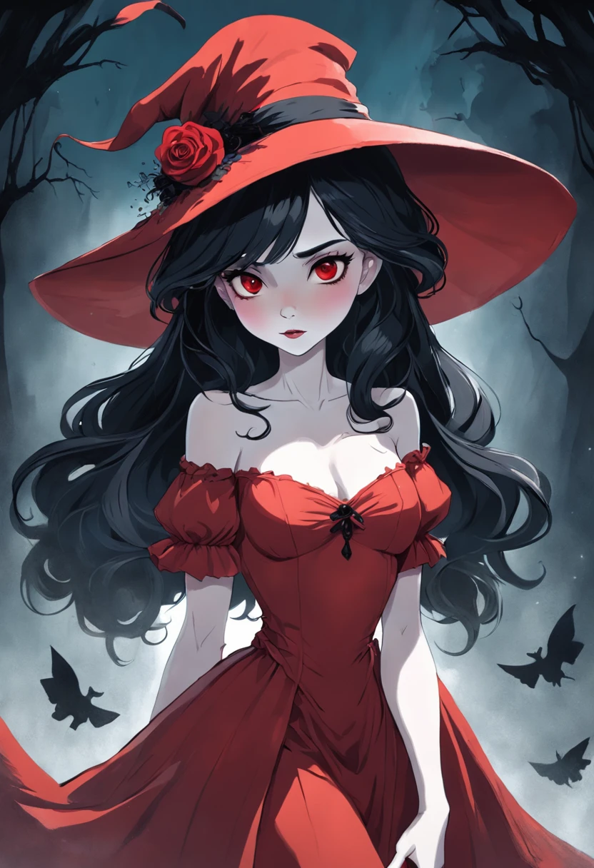 There is a woman in a red dress and a red hat, Abigail Larson, Disney-style art, Grayscale Futoto and Red Coat, Disney Art Style, Persephone as goddess of death, Disney Female Villains, Disney Art Style, beautiful drawing style, Lois Rosdraw, Red dress and witch magic hat, Red dress and hat, Inspired by Tim Burton-style Mab Graves. In style Corpse Bride. In Addams Family Style