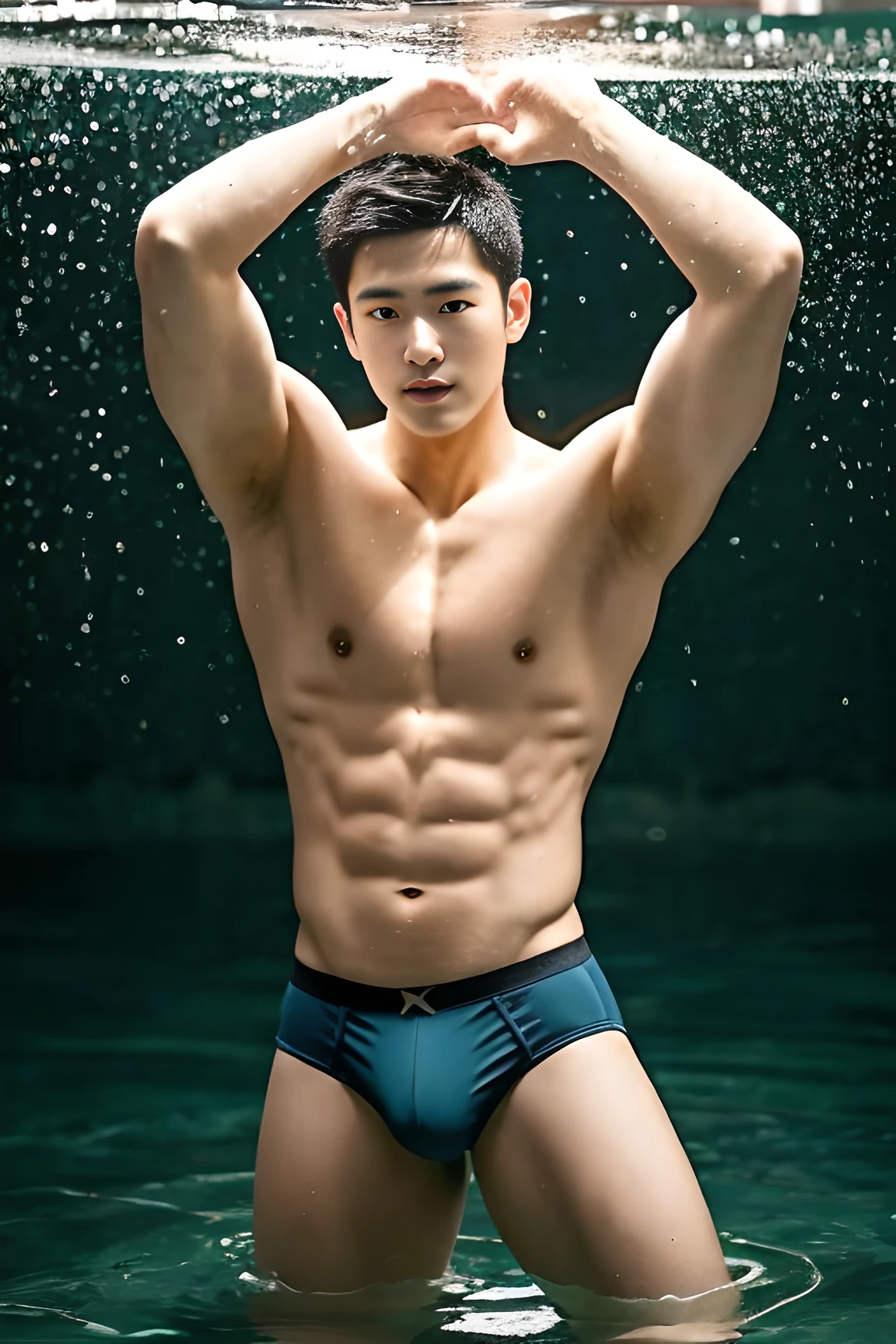 Man in underwear standing in front of the mirror,The mirror is shiny,Sparkling,northeast,Muscle men,Mannequin,Triangle underwear,There are duckweeds in the water,Lotus leaf,Very short black hair,The style of a star,School grass style,Place your hands on your waist,Strong arms,Very sexy,The crotch is also large,There are also small fish in the water,Yang Yang's height and appearance,Underwear is triangular underwear,Very sexy lingerie style,Robust male body,The lines of the lower body are clearly visible,The crotch is rich in detail,The lines are obvious