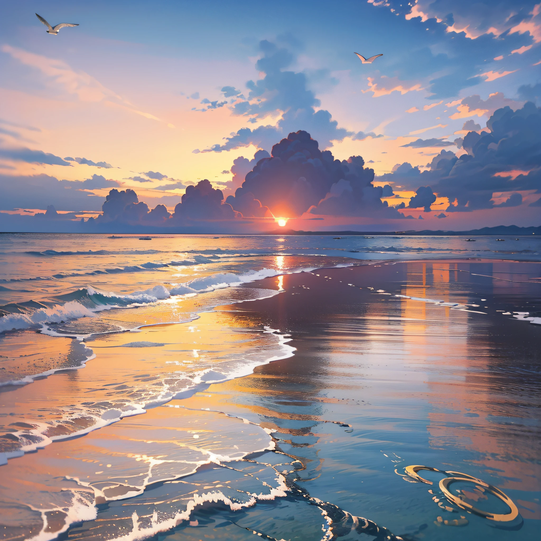 Absolutely mesmerizing sunset on the beach with a mix of oranges, pinks and yellows in the sky. The water is crystal clear, gently kissing the shore, and the white sand is endless. The scenes are action-packed and breathtaking, with seagulls soaring high in the sky and palm trees swaying gently. Immerse yourself in the calm atmosphere and let the serenity surround you.