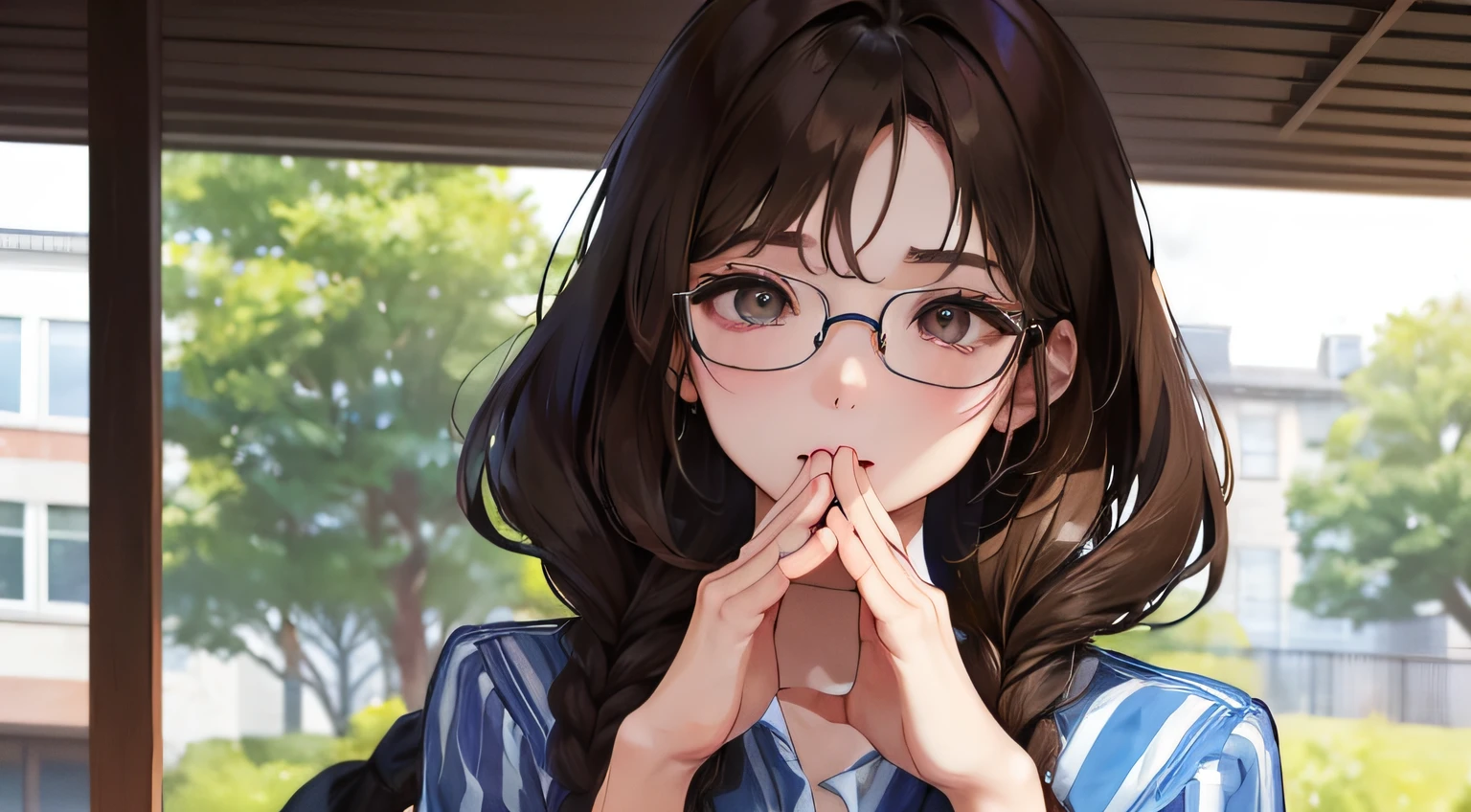 (((1人の女性)))、(Top resolution、Distinct_image) best qualtiy、((early evening))、((Hide your mouth with your hands)))、masterpiece、ighly detailed、Semi-realistic、Brown hair、eye glass、Braided hairstyle、deadpan、bangss、21 years old、outside of house、Mature、年轻、striped shirt、delicated facial features、Facial features、mid-shot、