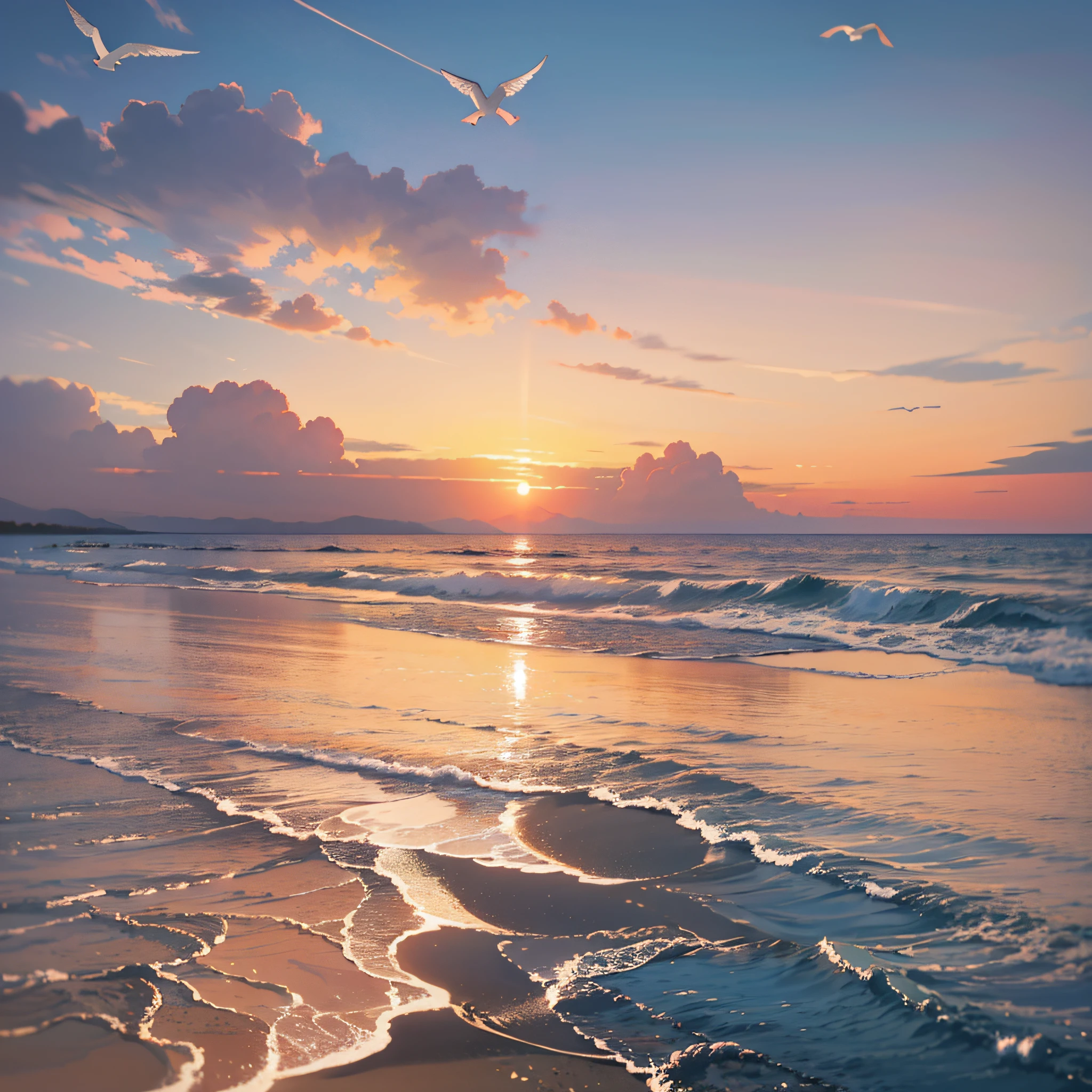 Absolutely mesmerizing sunset on the beach with a mix of oranges, pinks and yellows in the sky. The water is crystal clear, gently kissing the shore, and the white sand is endless. The scenes are action-packed and breathtaking, with seagulls soaring high in the sky and palm trees swaying gently. Immerse yourself in the calm atmosphere and let the serenity surround you.