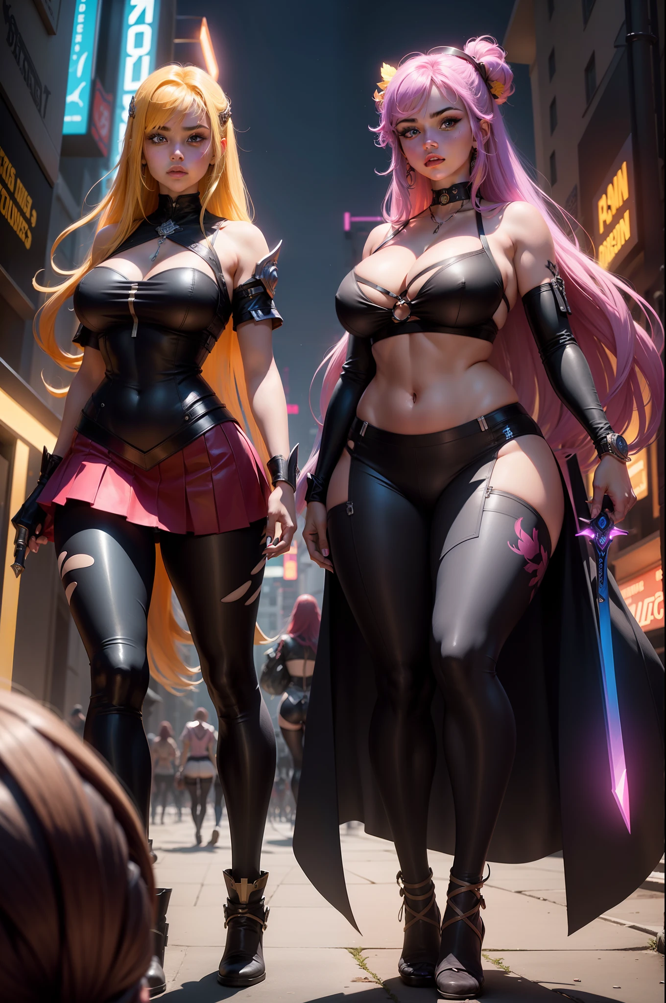 Two women standing in a neon-lit city, wielding swords. They are dressed in random skirts and leggings. The scene is illuminated with vibrant and colorful lights, creating a visually stunning atmosphere. The image is high-resolution, showcasing every intricate detail of the weapons, as well as the women's straight long hair. They are both 18 years old, with curvy bodies and small breasts. Their faces and eyes are meticulously detailed.