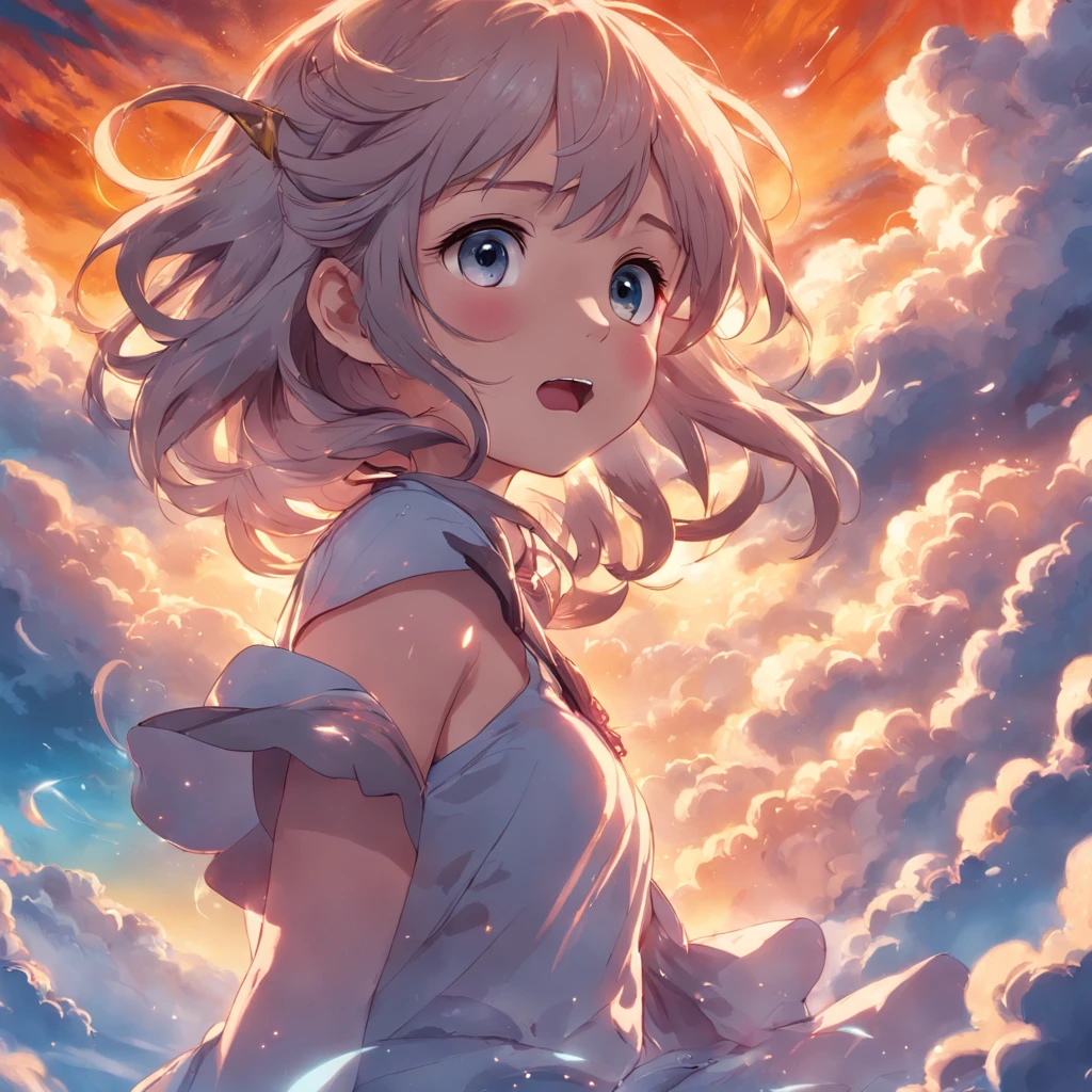 masterpiece, best quality, movie still, 1girl, cloud girl, floating in the sky, close-up, bright, happy, warm soft lighting, sunset, (sparks:0.7)