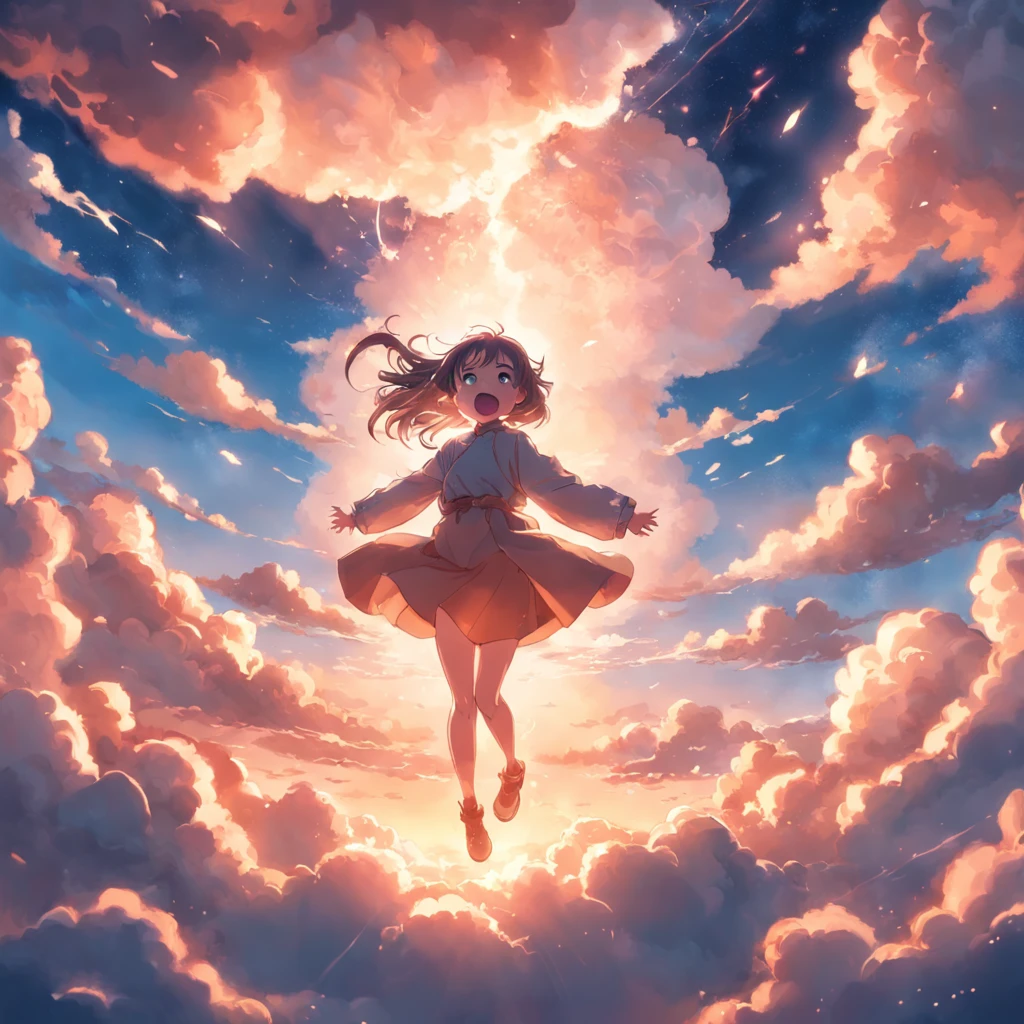 masterpiece, best quality, movie still, 1girl, cloud girl, floating in the sky, close-up, bright, happy, warm soft lighting, sunset, (sparks:0.7)