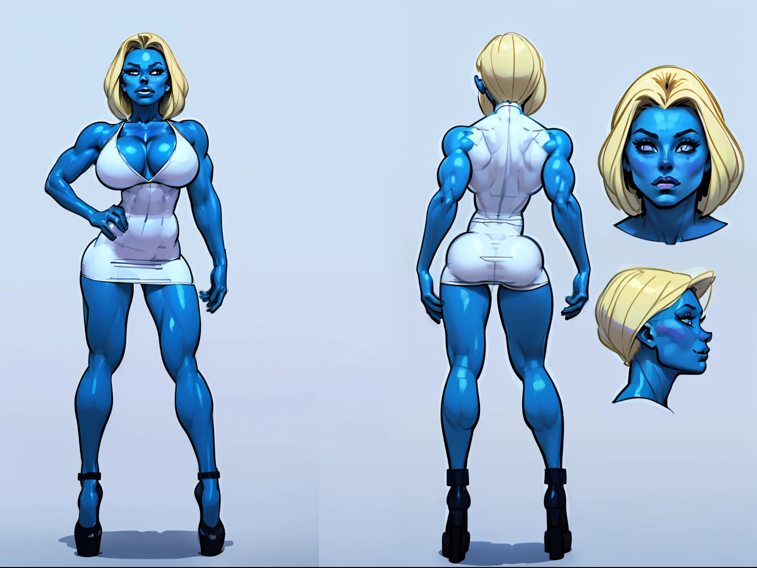 ((masterpiece)),(((best quality))),((character design sheet)), ((full body view)) illustration,1girl, muscular The Smurfs in background, ((blue skin:1.2)), Smurfette, light blonde hair, white dress ((detailed face:1.4)) blue woman, shiny skin, scribbles and marks, , rough sketches, pose, 8k,16k, (simple background, white background: 1.3)