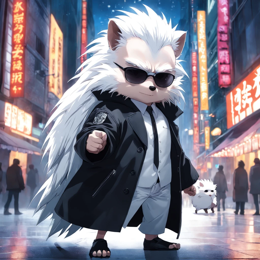 masterpiece, a white color hedgehog, Matrix style, black coat, sunglasses, cool pose, best quality, 4K,