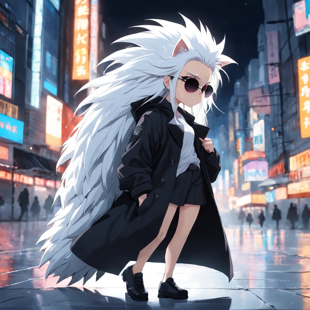 masterpiece, a white color hedgehog, Matrix style, black coat, sunglasses, cool pose, best quality, 4K,