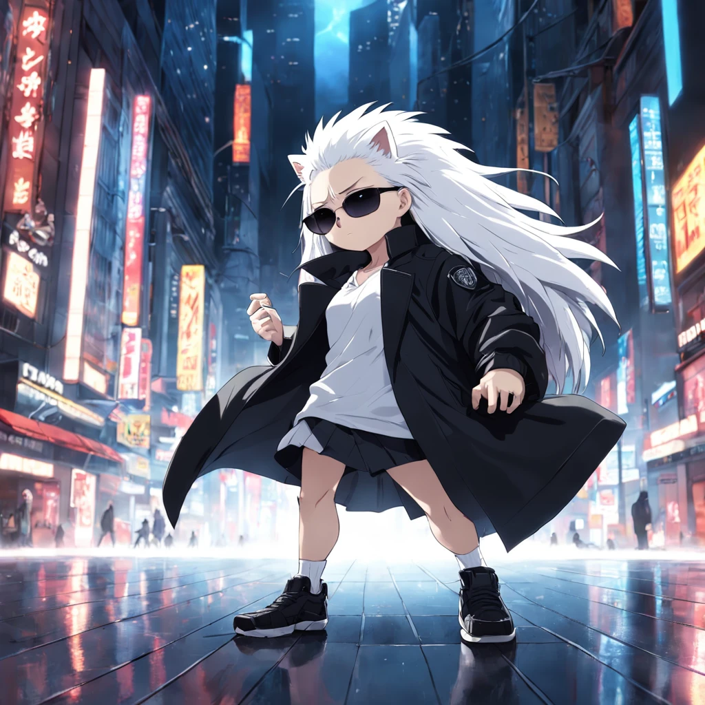 masterpiece, a white color hedgehog, Matrix style, black coat, sunglasses, cool pose, best quality, 4K,