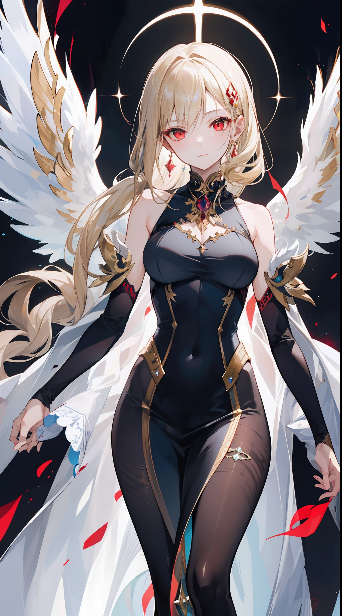 "Generate an image portraying Viona true form with blonde hair and sharp red eyes, concealed beneath a thick armor of radiant light, adorned with majestic wings. Depict her standing regally, her visage obscured by the brilliance of her divine attire. Convey the sense of awe and reverence that her celestial presence commands, as she stands as the epitome of otherworldly power and enigma."