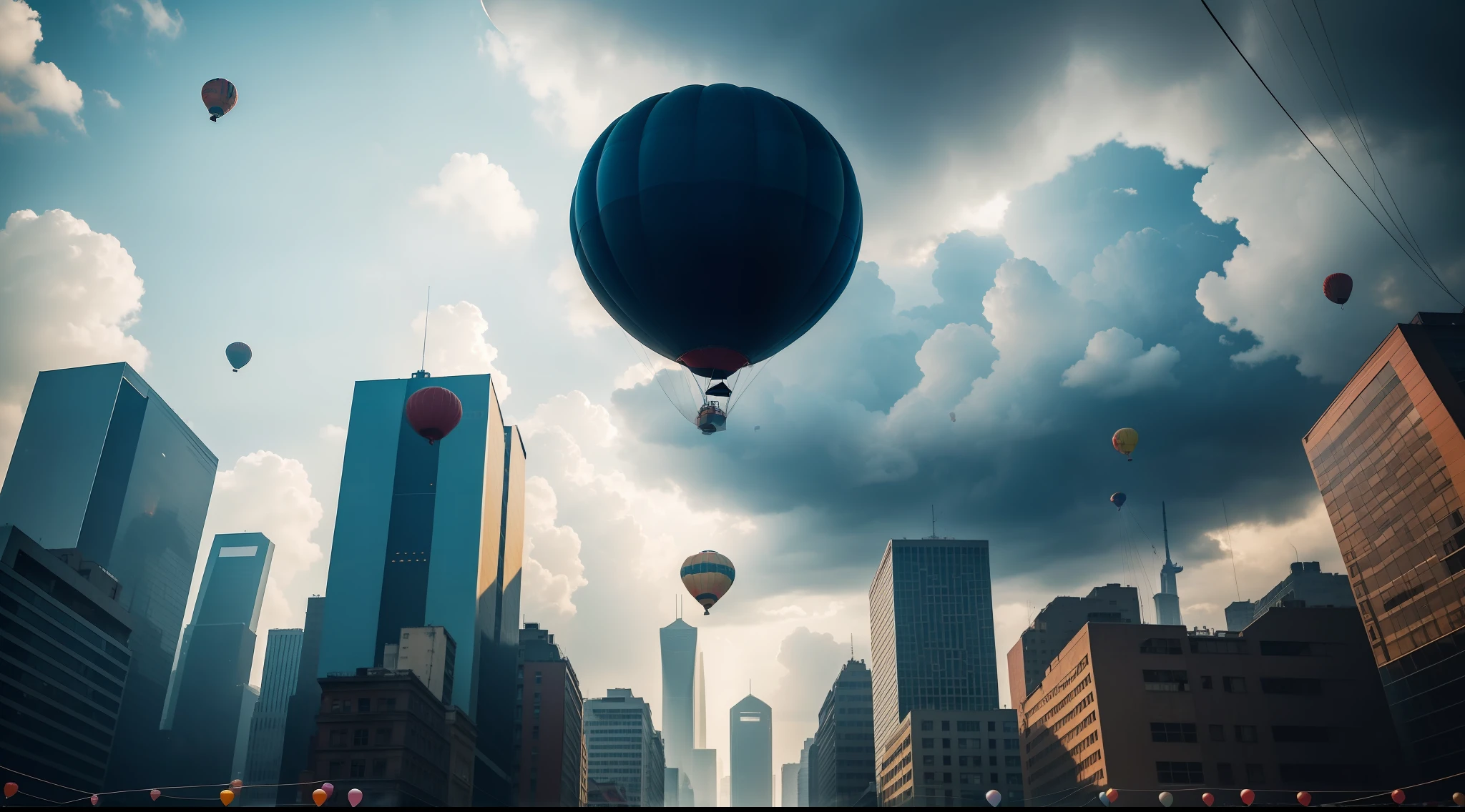 A small balloon appeared overhead，Float upwards，More than Shanghai buildings，Pedestrians looking up at the floating balloons，Upward lens，The balloon is in the center of the frame，dark stormy clouds，A little light pierced through the clouds，Sense of story，live shooting，high render，A sense of disaster，There is only one balloon，Don't hot air balloons，