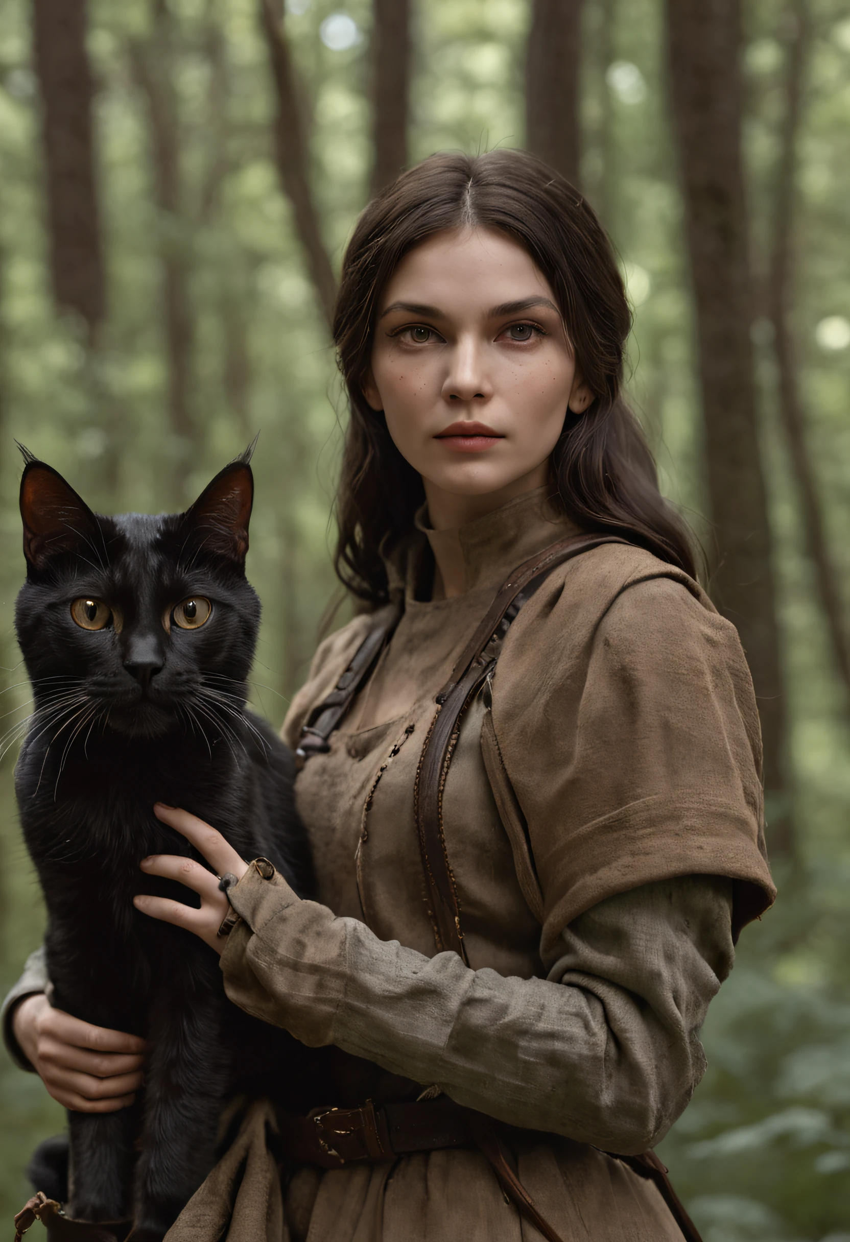 fechar, retrato. female hunter with a quiver of arrows
behind her and with her a large black cat on the edge of the forest, perfect composition, bonito, detalhado, intrincado, Intricate octane render trend in Artstation, 8 k artistic photography, arte conceitual fotorrealista, soft natural volumetric cinematic perfect light, Chiaroscuro, Fotografia premiada, master part, oil on the canvas, Raphael, Caravaggio, Greg Rutkowski, bipe, Beksinski, Giger