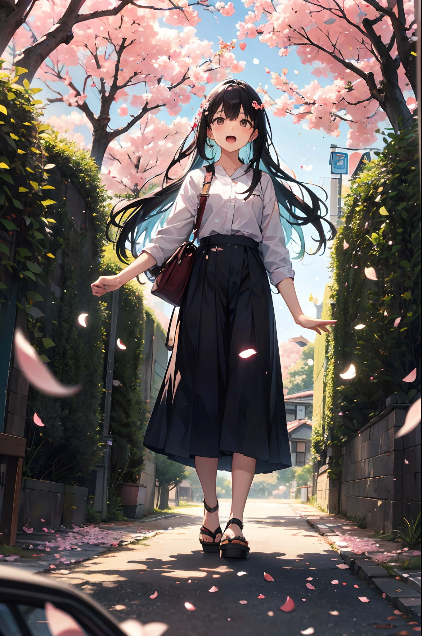 falling flower petals，the cherry trees，jpn，Residential roads，Kizi，Solo,long whitr hair，Open-mouthed，actionpose，Dexterous posture，Dynamic hair，tmasterpiece，high qulity，depth of fields，Storytelling images，