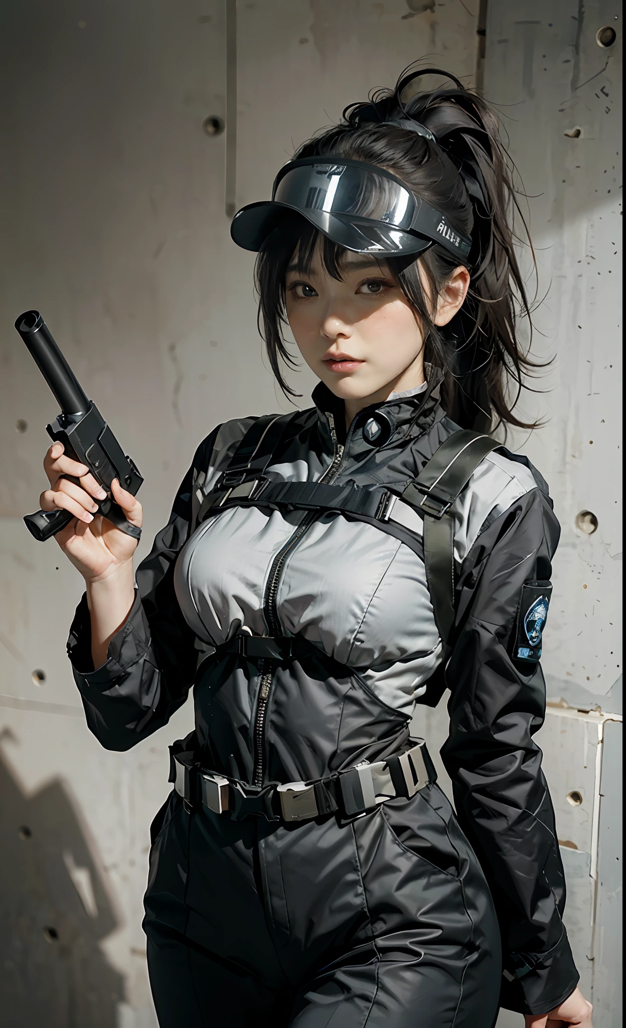 Highest image quality, outstanding details, ultra-high resolution, (realism: 1.4), (cowboy shot, from front, looking at another), highly condensed 1girl, delicate and beautiful face, big waist:0.7, thick thigh:0.7, (chubby:0.65),  ((holding a gun at the ready)), ponytail, captain, (wearing racing suit likes police uniform, black and gray mecha, wearing a visor, military harness, grenades, holding a machinegun with both hands), background simple grey wall,