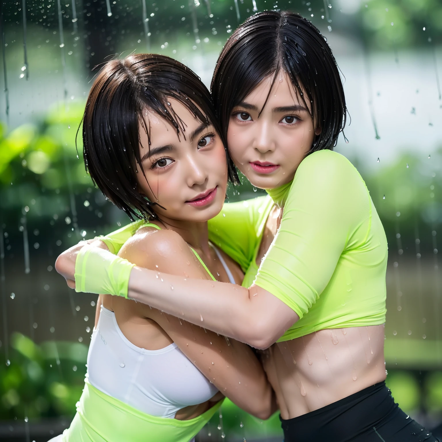 (2girls), (a detailed full body RAW photo of a girl), (masterpiece:1.0), (best quality:1.4), (ultra highres:1.2), (photorealistic:1.4), 8k resolution, Canon EOS R5, 50mm, absurdres, ultra detailed, (18yo), sharp focus, cinematic lighting, detailed beautiful face, (no make up:1.2), (ulzzang-6500-v1.1), petite figure, detailed skin texture, suntan skin, flat chest, (skinny and fit body:1.6), thigh gap, detailed brown hair,  sweltering,(very short hair:1.5), realistic glistening skin, (sweating:1.45), nfsw, heavy breathing, humid, (small titts, cameltoe, erect nipples:1.2), (lime green and black nike spandex competition sports bra:1.2), (spandex tights:1.5), (japanese athlete, flat chest:1.5), well-developed abdominal, (hug each other gently:1.5), wet body, (small titts:1.5), (rain:1.5), (wet wear:1.5)