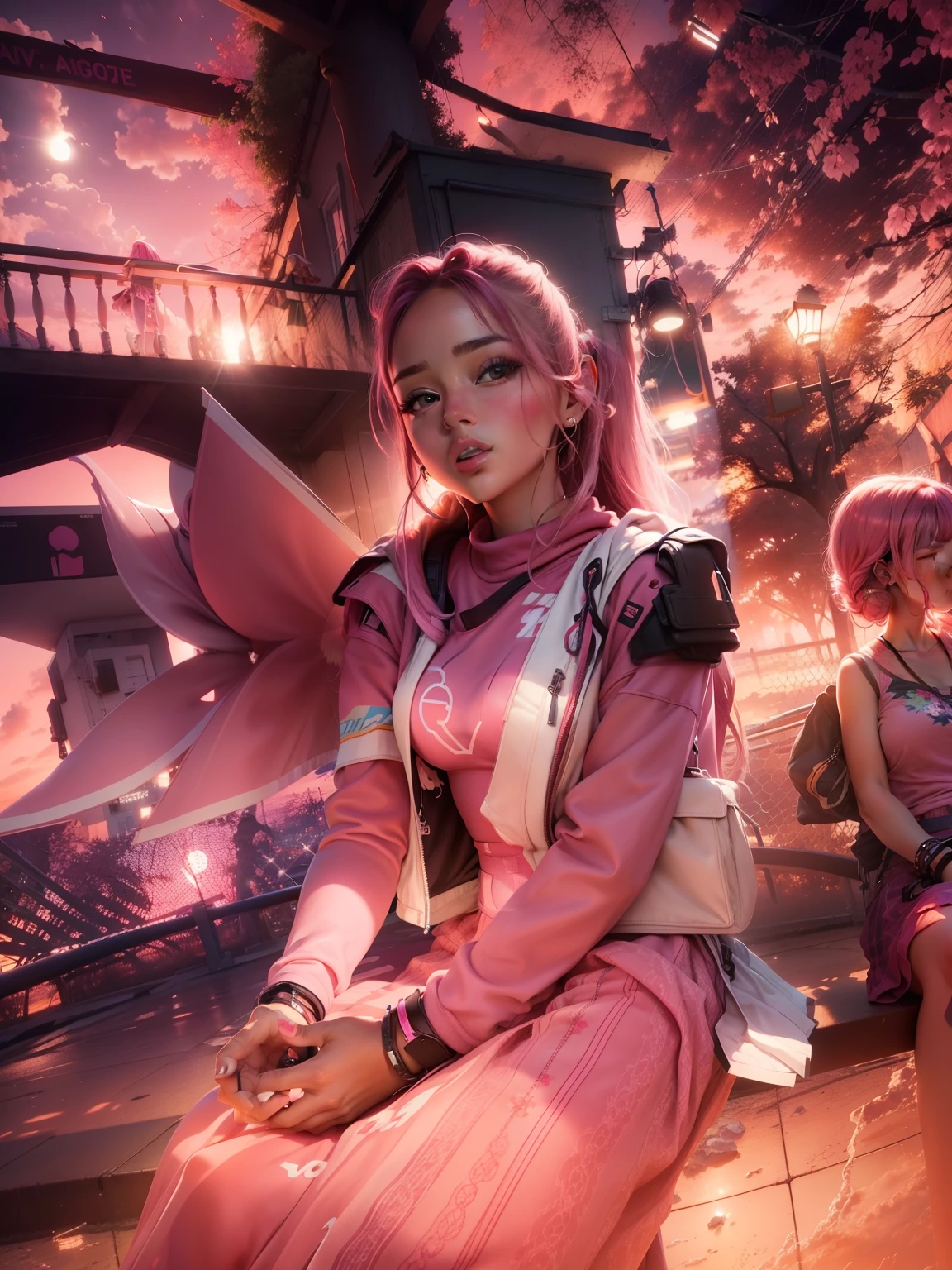 Cute barbie girl, pink sky, pink sunset,  ultra realistic,  8k