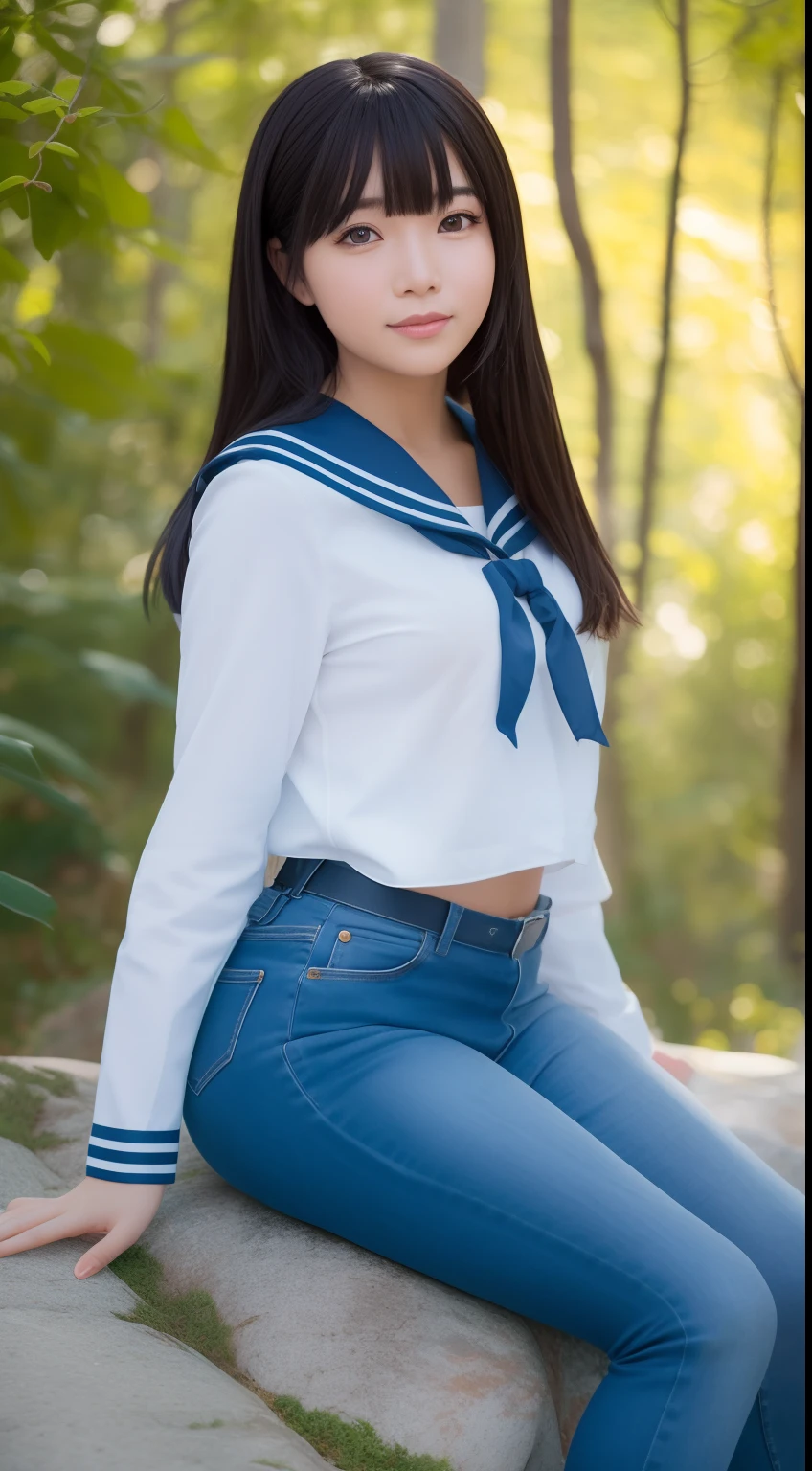 a pregirl，Thirty year old, ssmile, looking at viewert, sailor uniformm,skintight jeans, photore, realisticlying, Best quality at best, employee, 详细的脸, Sitting on a large rock in the middle of the forest, diffuselighting, depth of fields, Background bokeh