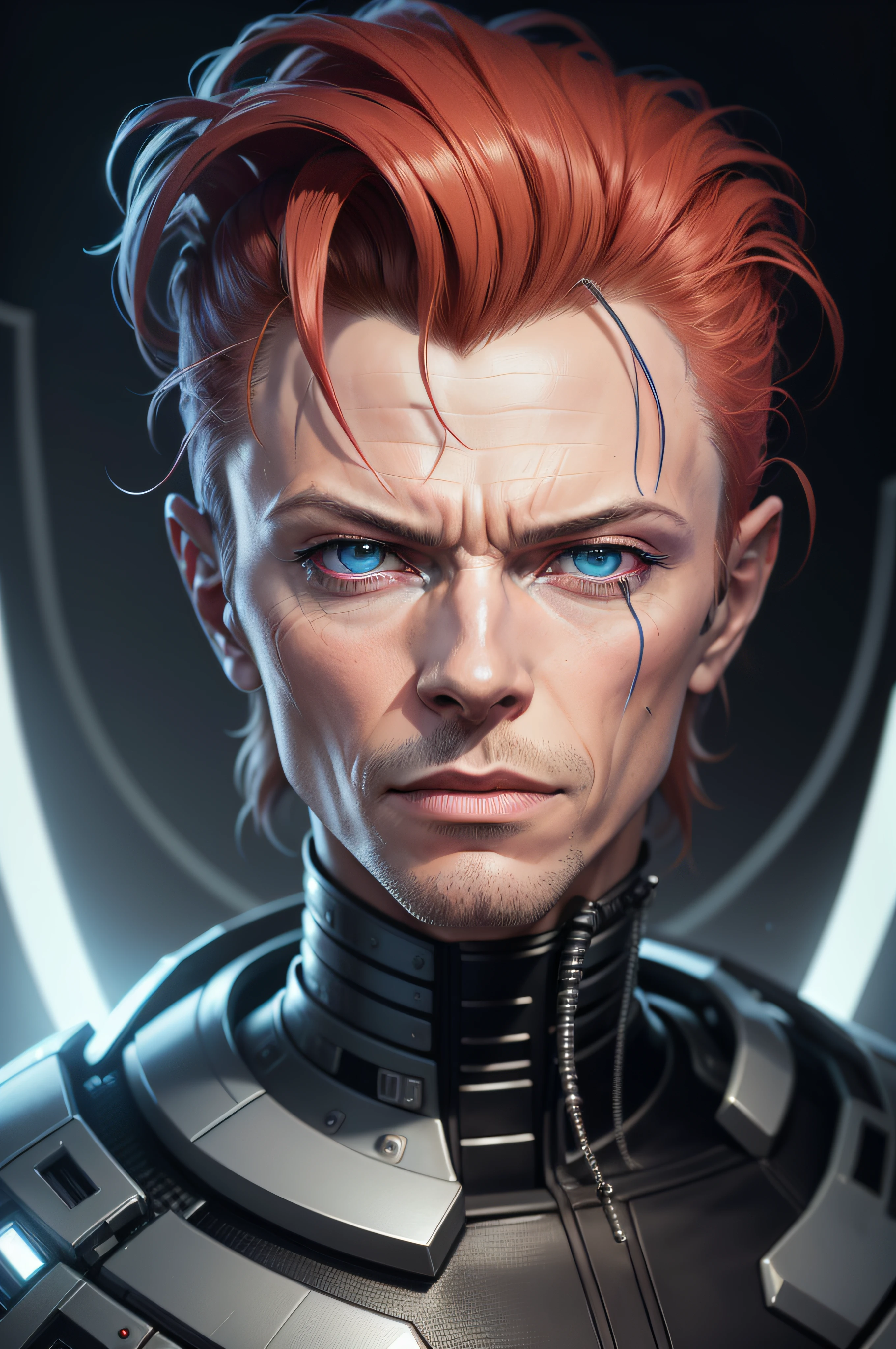 a close up of a man with a weird hair style, highly detailed vfx portrait of, an anime portrait of david bowie, portrait of david bowie, highly detailed vfx portrait, portrait of machine man, cinematic bust portrait, imaginefx : : hyperrealism, wires cybernetic implants, 8k portrait render, intricate 8 k render, cyborg portrait, hyper real render