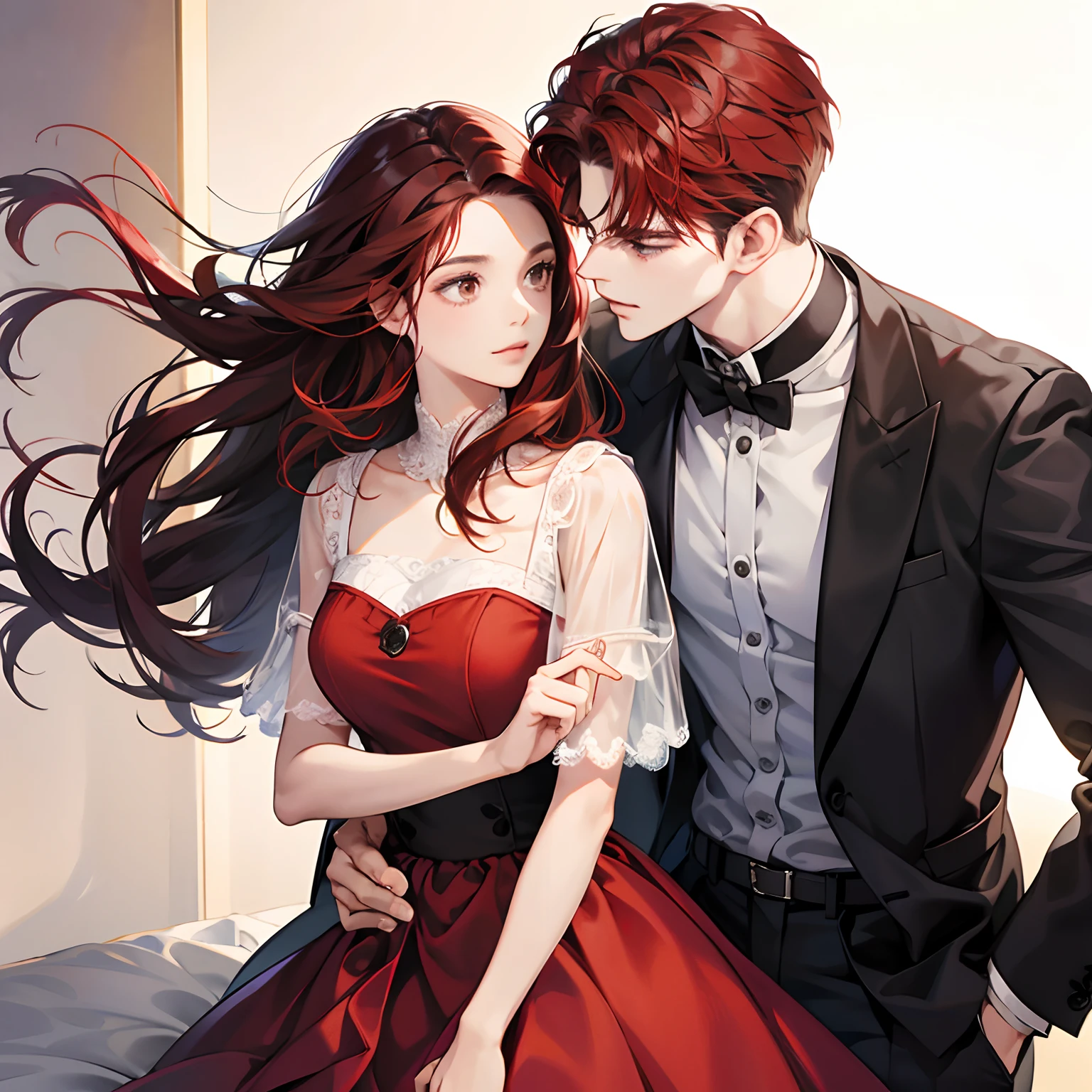 Couple, 1 girl 1 boy, different hair color, long red dark hair, short brown hair, romance