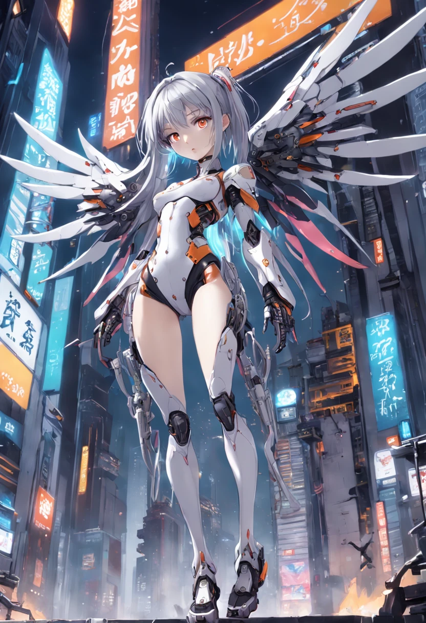 From Side、top-quality、ighly detailed、masterpiece、ultra-detailliert、illustratio、((1girl in))、silber hair、length hair、Floating hair、Exoskeleton tights、mechs、Cyber City、Neon building、(The upper part of the body:1.05)、extremely_Detailed_Eyes_And_Face,cybernetic wings、mechanical wing、Fighting stance、Skyscraper、、mecha musume、shrine maiden clothe