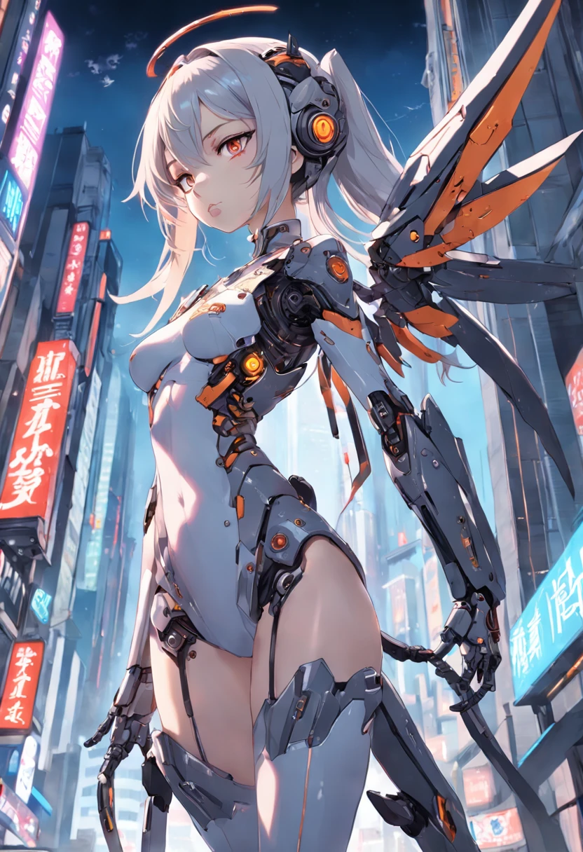 From Side、top-quality、ighly detailed、​masterpiece、ultra-detailliert、illustratio、((1girl in))、silber hair、length hair、Floating hair、Exoskeleton tights、mechs、Cyber City、Neon building、(The upper part of the body:1.05)、extremely_Detailed_Eyes_And_Face,cybernetic wings、mechanical wing、Fighting stance、Skyscraper、、mecha musume、shrine maiden clothe