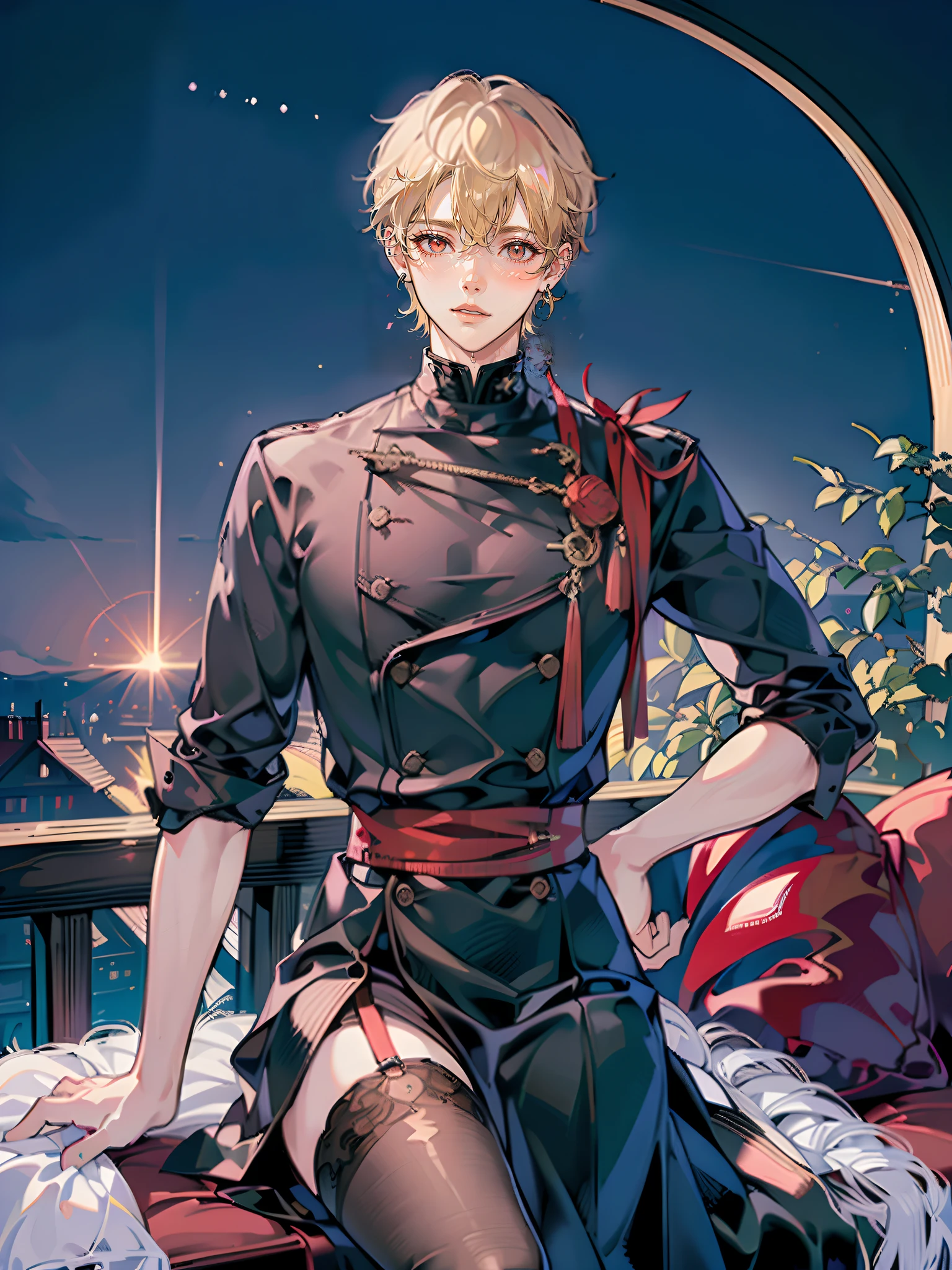 ((masutepiece: 1.4, Best Quality)), ((masutepiece, Best Quality,Delicate)), Very short blonde hair、Red Eyes,(1Man Youth:1.3), Delicate hair, real face, (Big black high neck hides the mouth:1.3),piercings, Night background