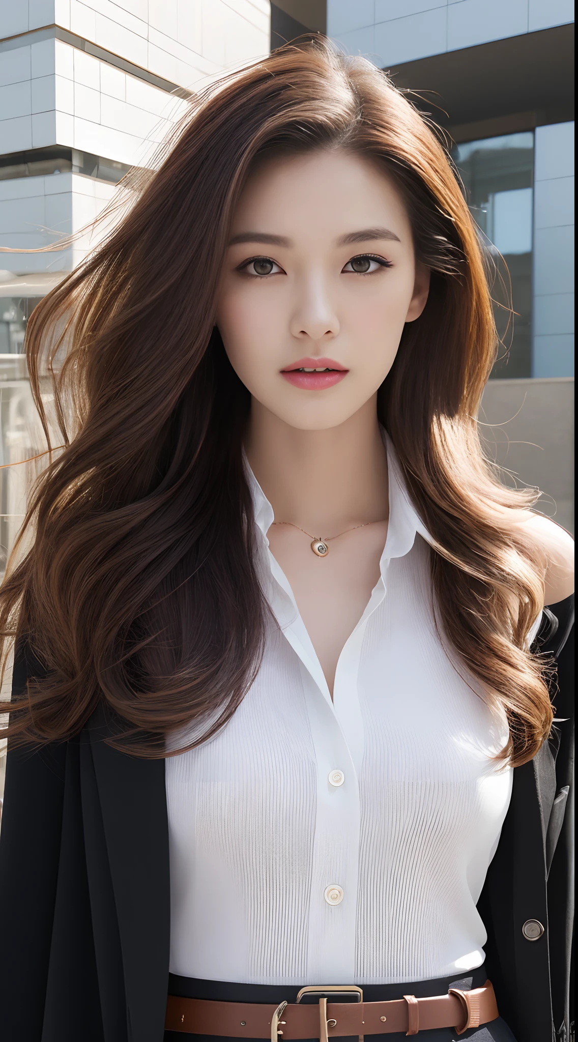 (Best quality, High resolution, Masterpiece :1.3), A tall and pretty woman, Slender abs, Dark brown hair styled in loose waves, Breasts, Wearing pendant, White button up shirt, Belt, Black skirt, (Modern architecture in background), Details exquisitely rendered in the face and skin texture, Detailed eyes, Double eyelid