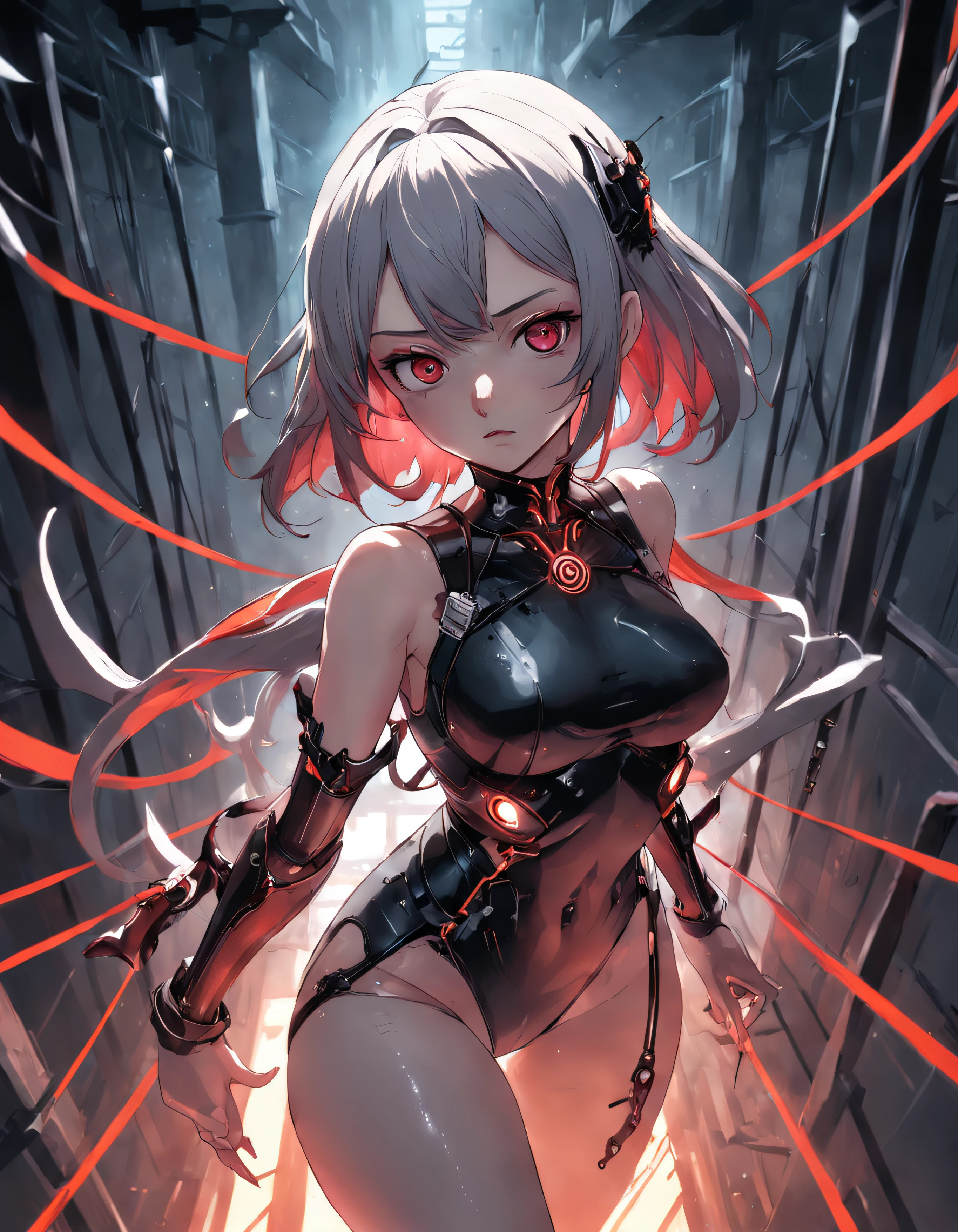 Best Quality, masutepiece, 超A high resolution, (photos realistic:1.4), surrealism, dream-like,fusionart, Shadow Dancer, Shadow Magic, Darkness Control, stealth, Shadow Step, Umbral spell, Concealed blade,1 girl, Solo, masutepiece,hight resolution, Thawed tracksuit,leggins, Sweat, Hotty, steam,Ruins, steel frame, Dynamic Angle,Running, half-open eyes, Looking at Viewer,Cinematic Light, Perspective, Thick black outline, Revealing clothes, clean line drawings, Black and red tones, NSFW,panel ,(Limited color:1.5), Preteen ta,Countless characters, masutepiece, Best Quality, High quality,masutepiece, Best Quality, Ultra-detailed, Illustration, (1girl in:1.5), Solo, Dynamic Angle, shackled, Machine, cybernetic, Biomachines, Dark, Dimly lit room, pleading, Evil face, dead eyes, looking at viewer directly, mechanical arms, cables, wires, advanced technique, Cyberpunk, Inspired by HR Giger, chains, Dungeon, Captivity, prisoner, Cybernetically enhanced, Robotic eyes, robot limbs, Mechanical Cover Body, dreary, Despair, Headgear, (White skin: 1.3),Blood splatter, Girl with biomechanical creatures