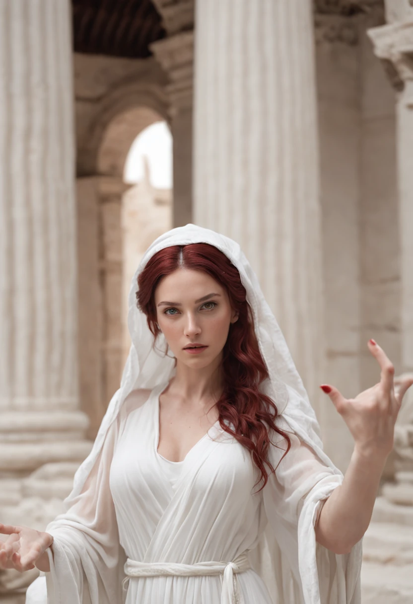 Greek goddess of hearth and fire, with ((Dark red hair)) and ((Dark red eyes)), with fair skin, Wearing a long white Greek robe and a white veil, It looks mysterious and beautiful, Inside an ancient Greek temple, "Vesta Sacred Flame", greek myth, Sacred atmosphere, Photorealistic, Super high quality, Super detail, ultra accurate description of hands, Masterpiece, 8K, hdr