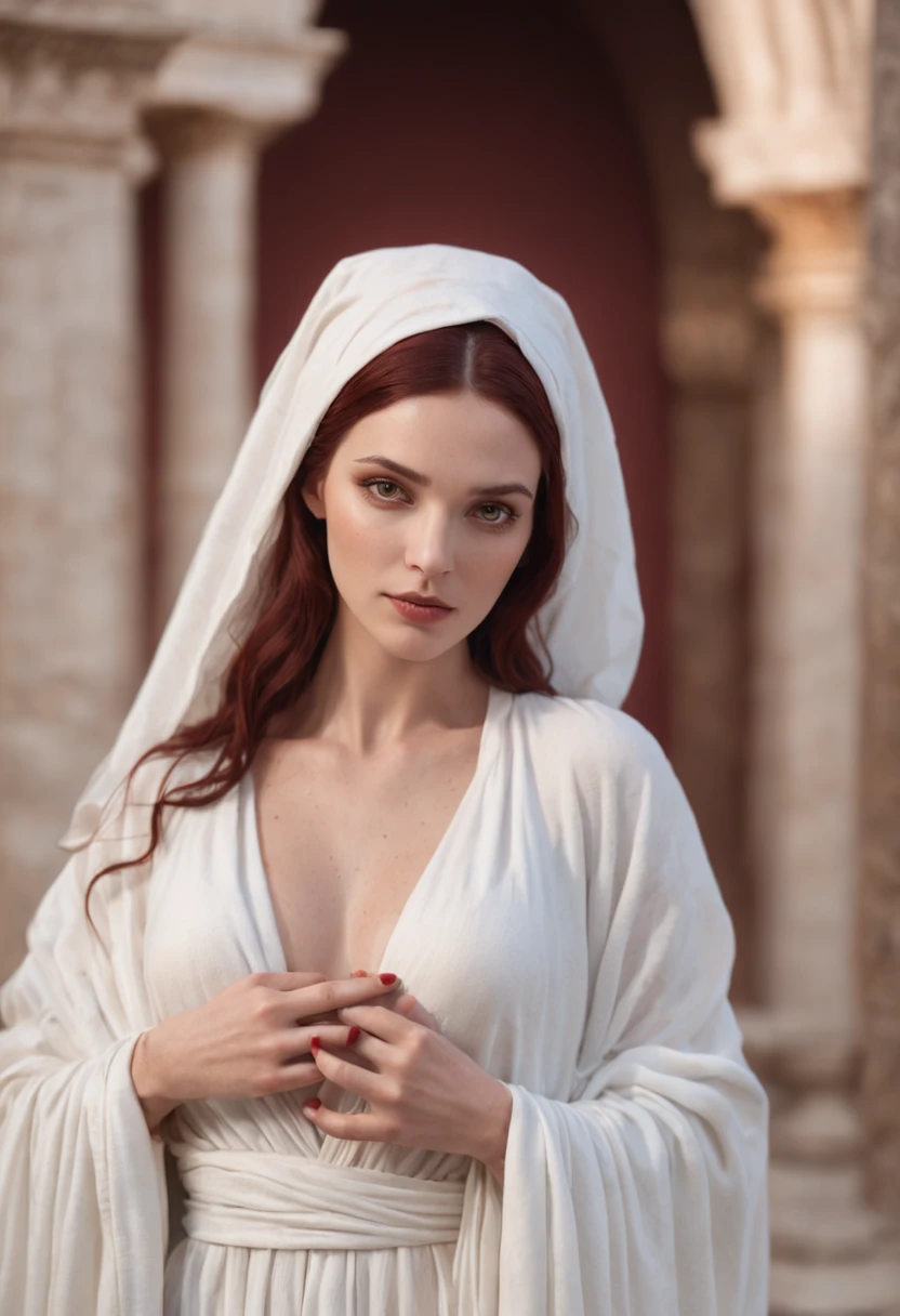Greek goddess of hearth and fire, with ((Dark red hair)) and ((Dark red eyes)), with fair skin, Wearing a long white Greek robe and a white veil, It looks mysterious and beautiful, Inside an ancient Greek temple, "Vesta Sacred Flame", greek myth, Sacred atmosphere, Photorealistic, Super high quality, Super detail, ultra accurate description of hands, Masterpiece, 8K, hdr