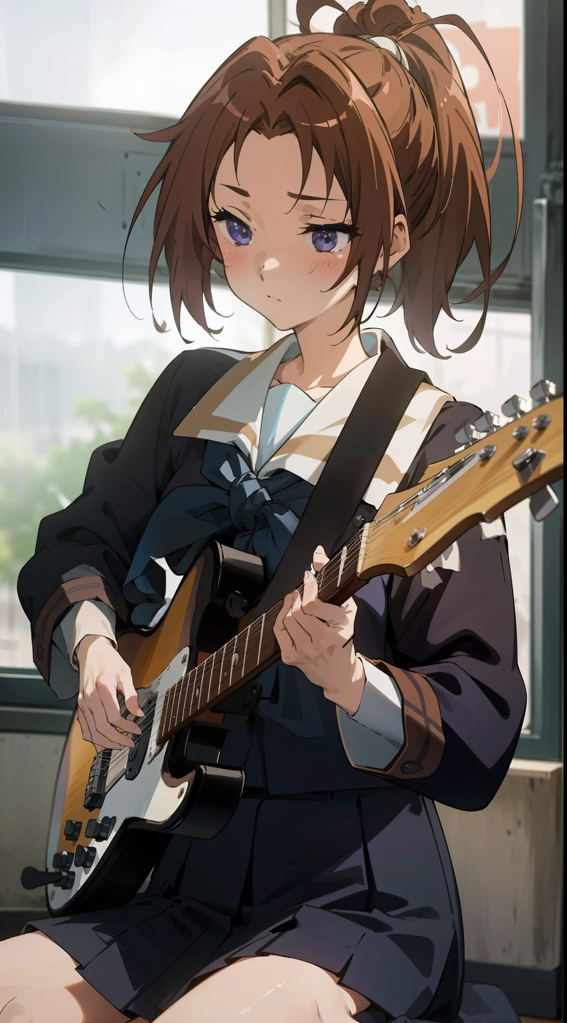 (masterpiece), (best quality),1girl,kitauji_high_school_uniform playing guitar, gorgeous, perfect face, sitting,cozy, calm, peace