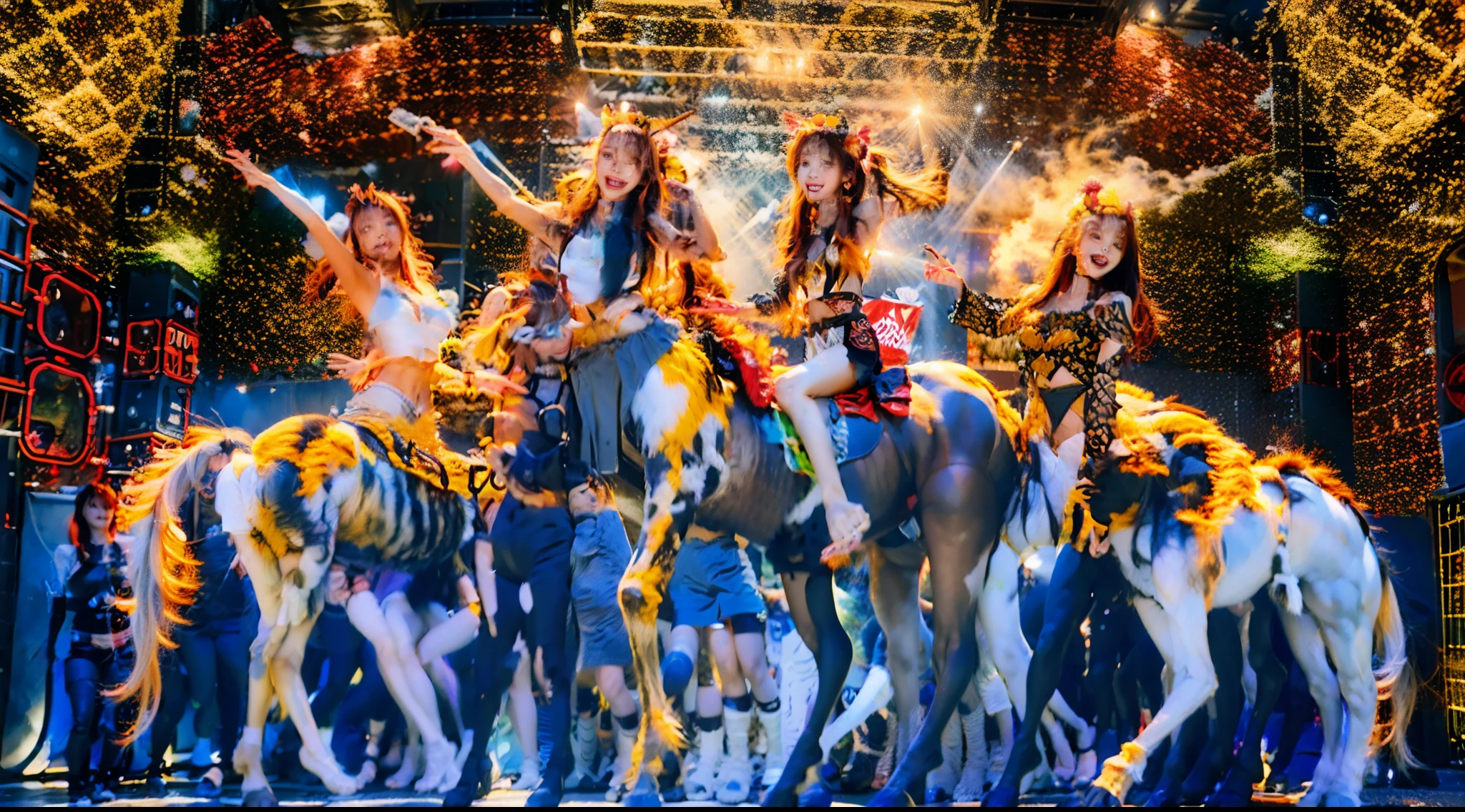 In the beautiful illustration of this super-grand scene,The ultra-distant shot shows eight unique centaur characters,They all have their own characteristics,Vivid and interesting。Radiant angelic centaurs from the heavenly realm,To the hellish centaurs surrounded by nightmarish flames,And then to the Wind Immortal Centaur dancing in the air,There are also one-horned centaurs surrounded by thunder and lightning,and mechanical centaurs that shine with metallic light,And then to the powerful dragon centaur with colored dragon scales covering the whole body,The elegant and agile elf centaur always wears a flower crown with its slender and graceful lines,Enchanting and charming Tiflin centaurs。Each character has their own unique charms and abilities。The illustration uses advanced artistic techniques and tools,Divide the scene into sections by geometric arrangement,Each section corresponds to a centaur character,This makes more efficient use of space。Through Midjourney's advanced brush tools、Color palette、Material packs and model packs,Exquisite costumes and equipment are designed for each centaur,Enhances the character's personality and visual appeal。The scenery in the illustrations is stunning,There are changing skies、rainbowing、extreme light、Stars and Moon。Incorporating iconic landmarks such as Mount Everest,and fireworks、tranquil lake、Natural and urban elements of waves and neon lights,Creates a magical atmosphere。The centaurs showed off their skills and equipment in a variety of environments,This is true even in extreme alien landscapes。Midjourney's tools make depicting details vivid and realistic,From intricate hairstyles and clothing to authentic textures,Enhances the realism of the characters and surroundings。The fusion of multiple art styles adds movement to the centaur's movement at all angles,The overall visual experience is further enriched。The final illustration was described as a "masterpiece",It has the characteristics of "best quality" and "realistic",The d